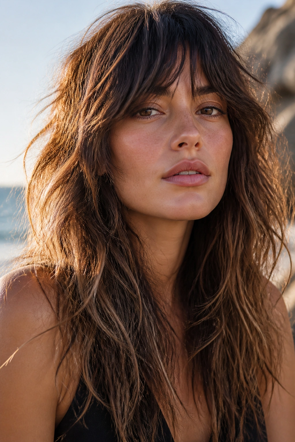 Close-up portrait of a real woman with boho shag waves and broken ends outdoors by the coast.