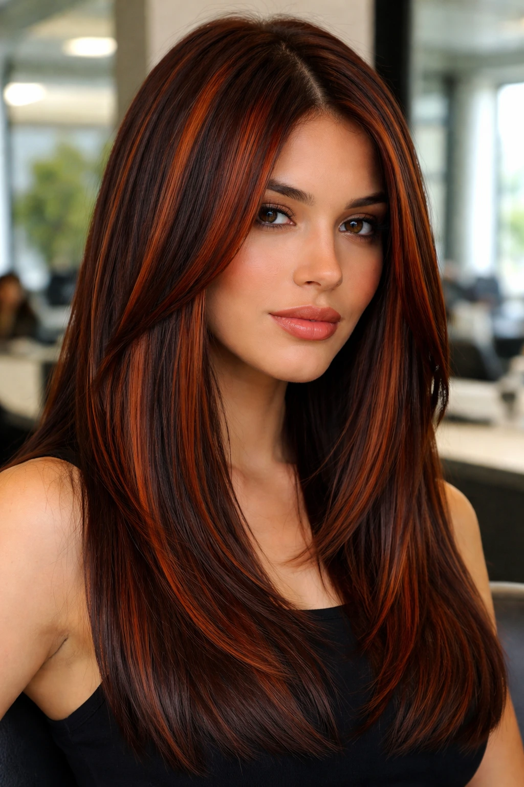 Close-up of real woman's head showing bold chunky auburn highlights in straight blunt-cut hair