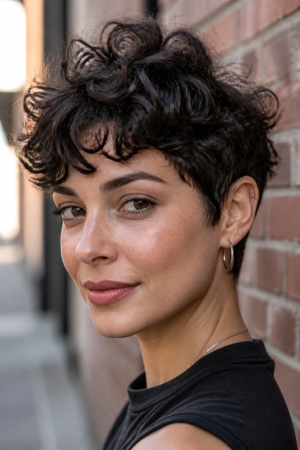 Portrait of a woman with bold choppy texture curly pixie