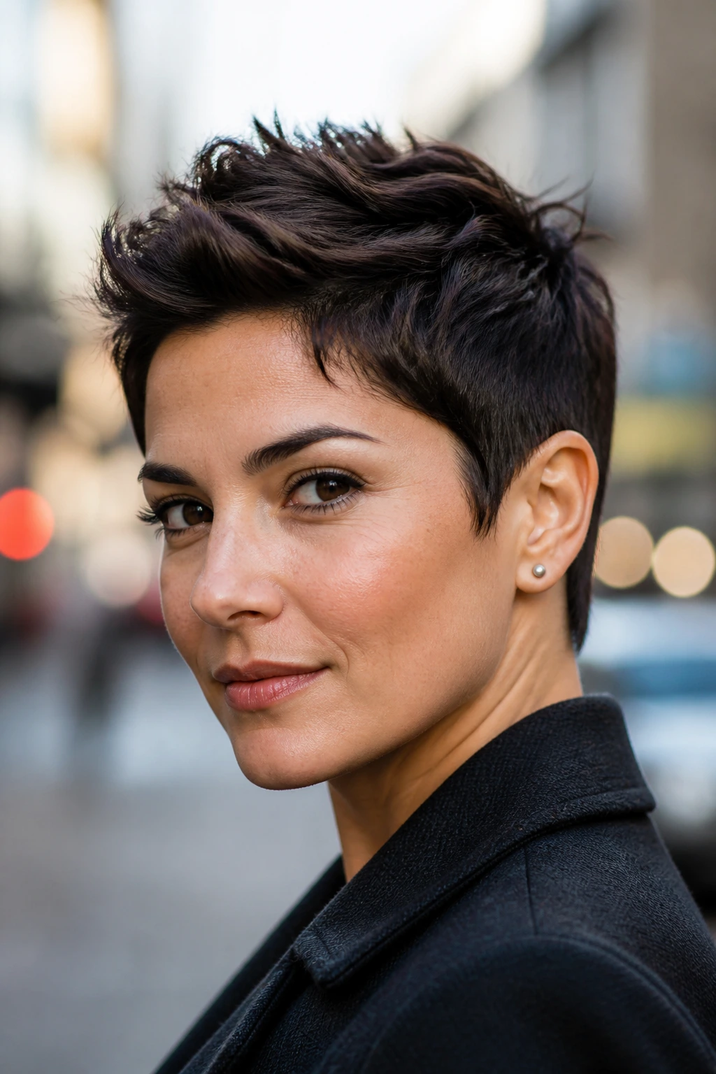 Close-up portrait of a real person with a bold close-cropped pixie in urban daylight