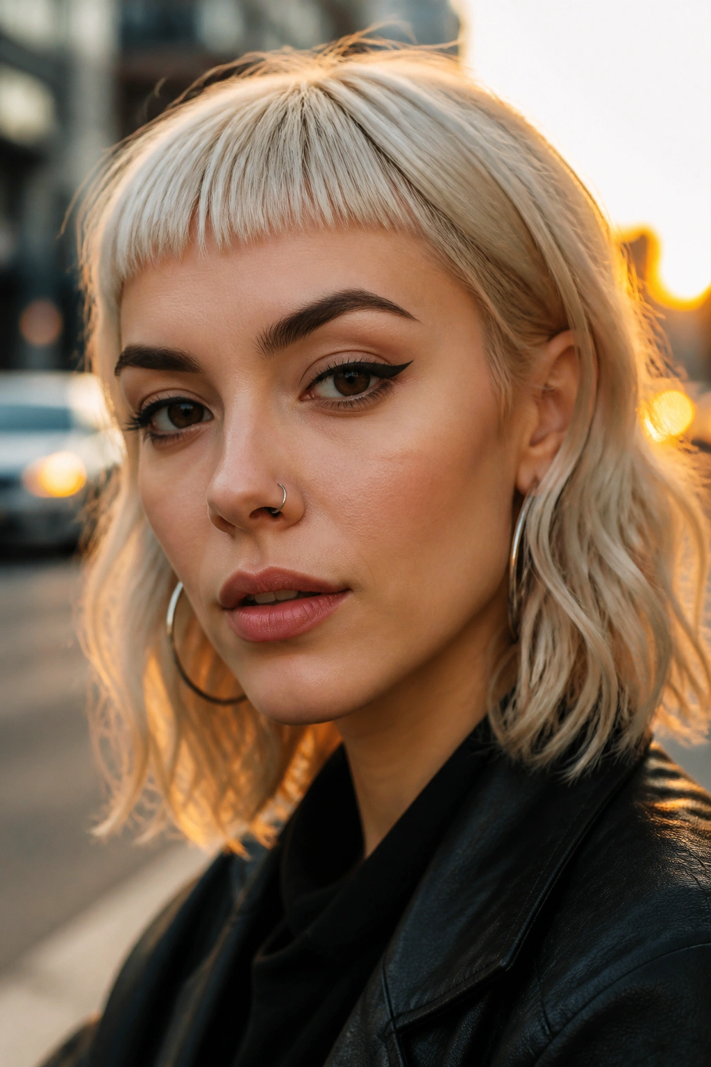 Close-up portrait of a real woman with platinum blonde micro bangs in golden hour light