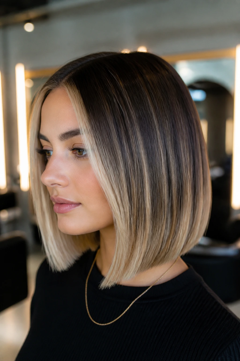 Close-up of real woman with bold contrast balayage on a sleek lob