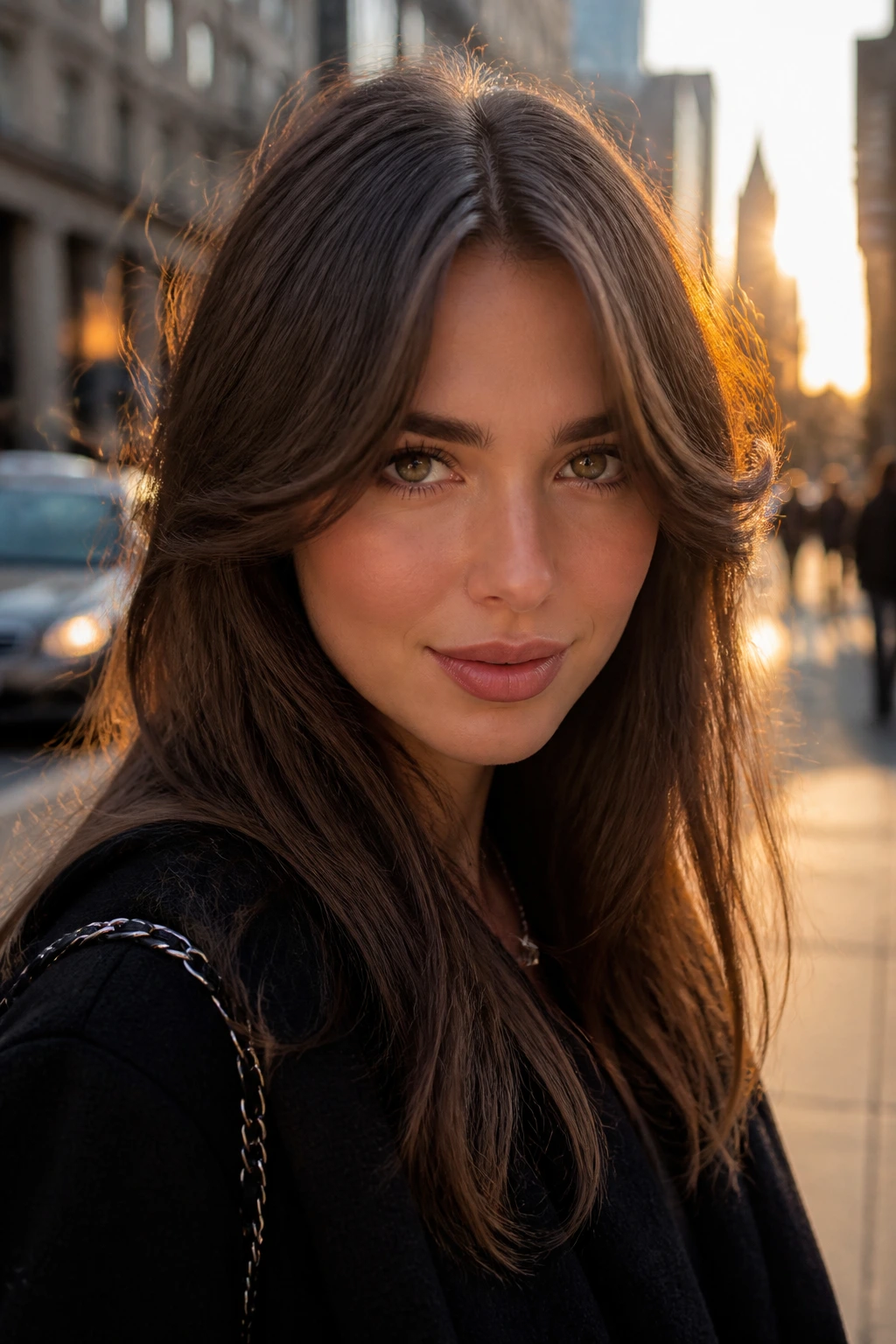 Close-up of a real woman with bold center-part curtain fringe in golden hour light