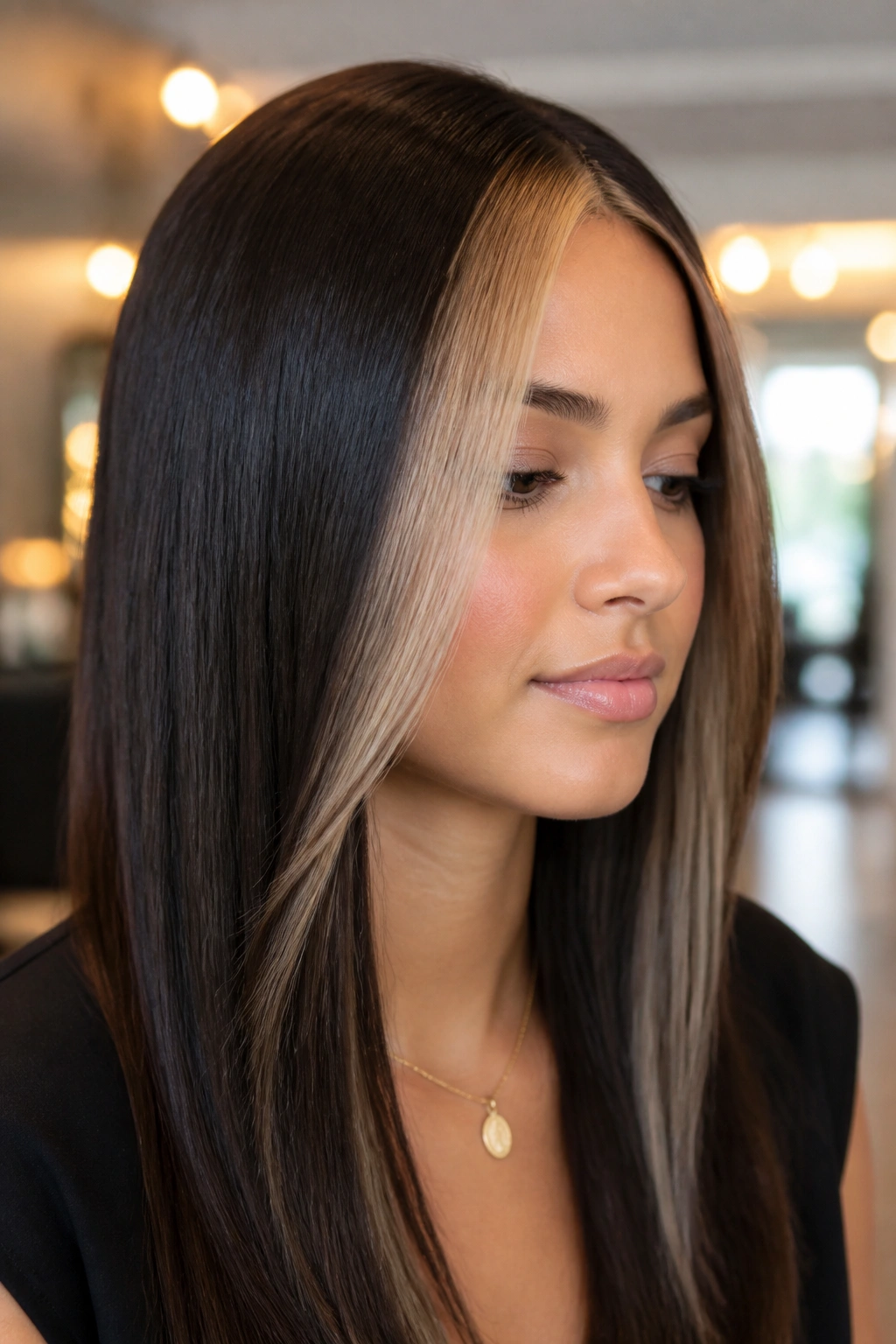Close-up of a brunette with a bold front panel framing the face
