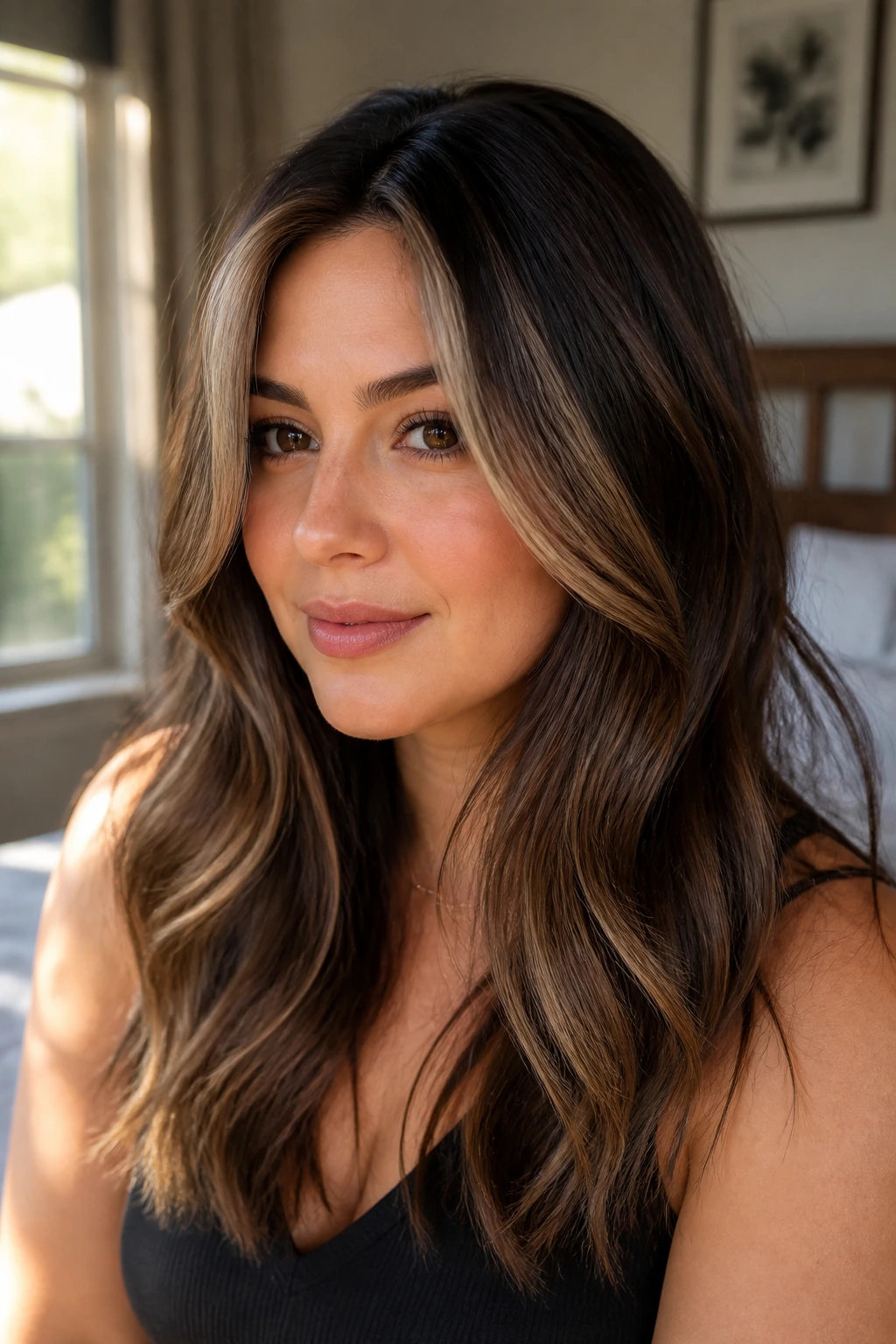 Close-up portrait of a real woman with bold front panels and soft edges in a sunlit bedroom