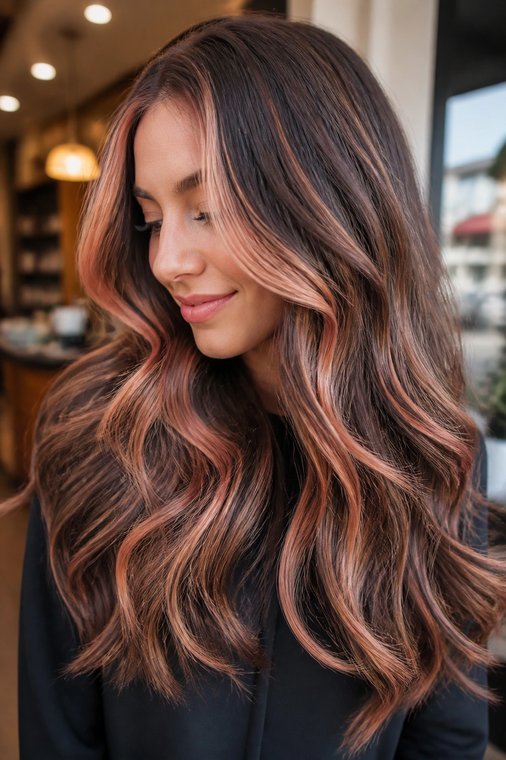 Close-up of a real woman with thick brown hair featuring bold strawberry blonde ribbons