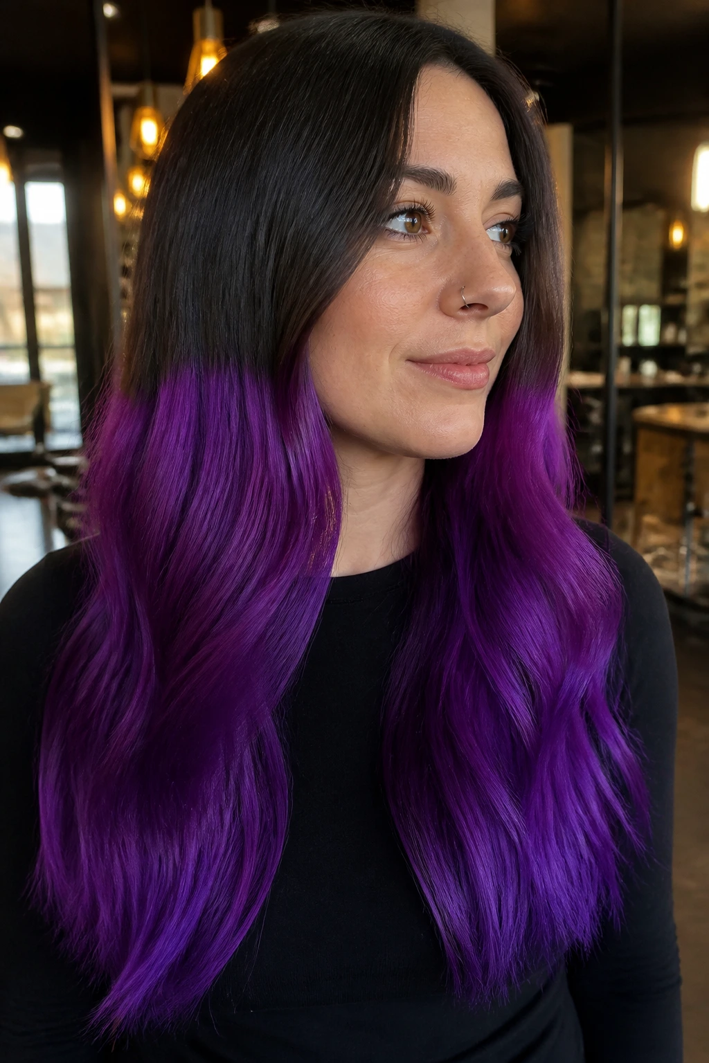 Close-up portrait of a real woman with bold violet block ombre hair, long dark roots and vivid violet ends.