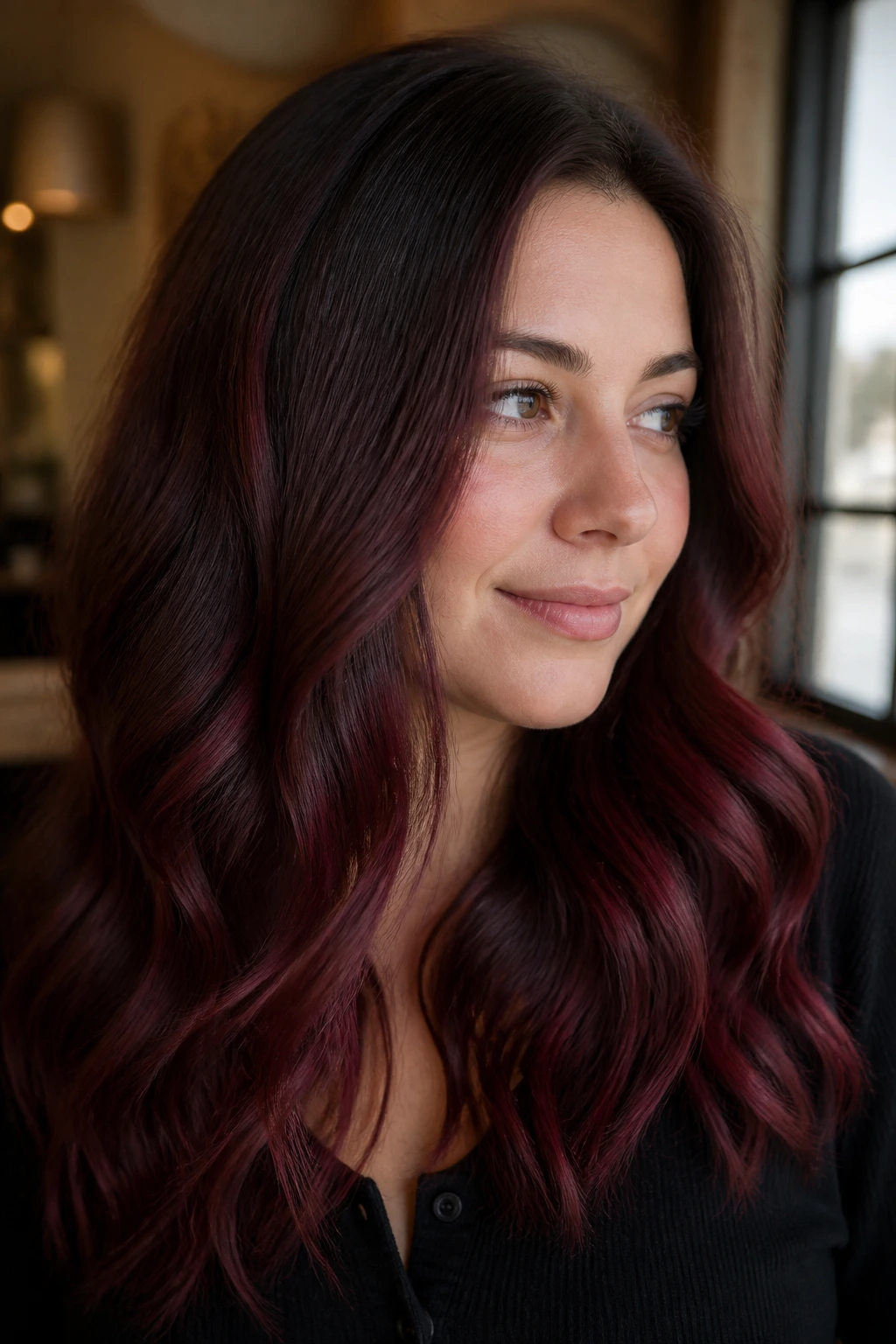 Close-up of Bordeaux balayage with grow-out-friendly placement on brown hair