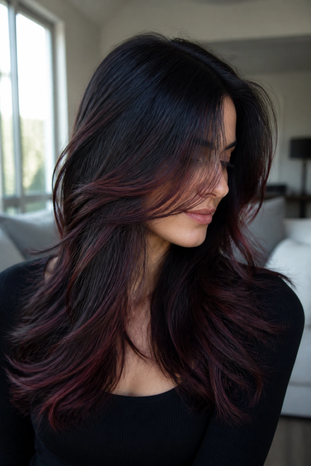 Close-up portrait of a real person with Bordeaux balayage on long layers
