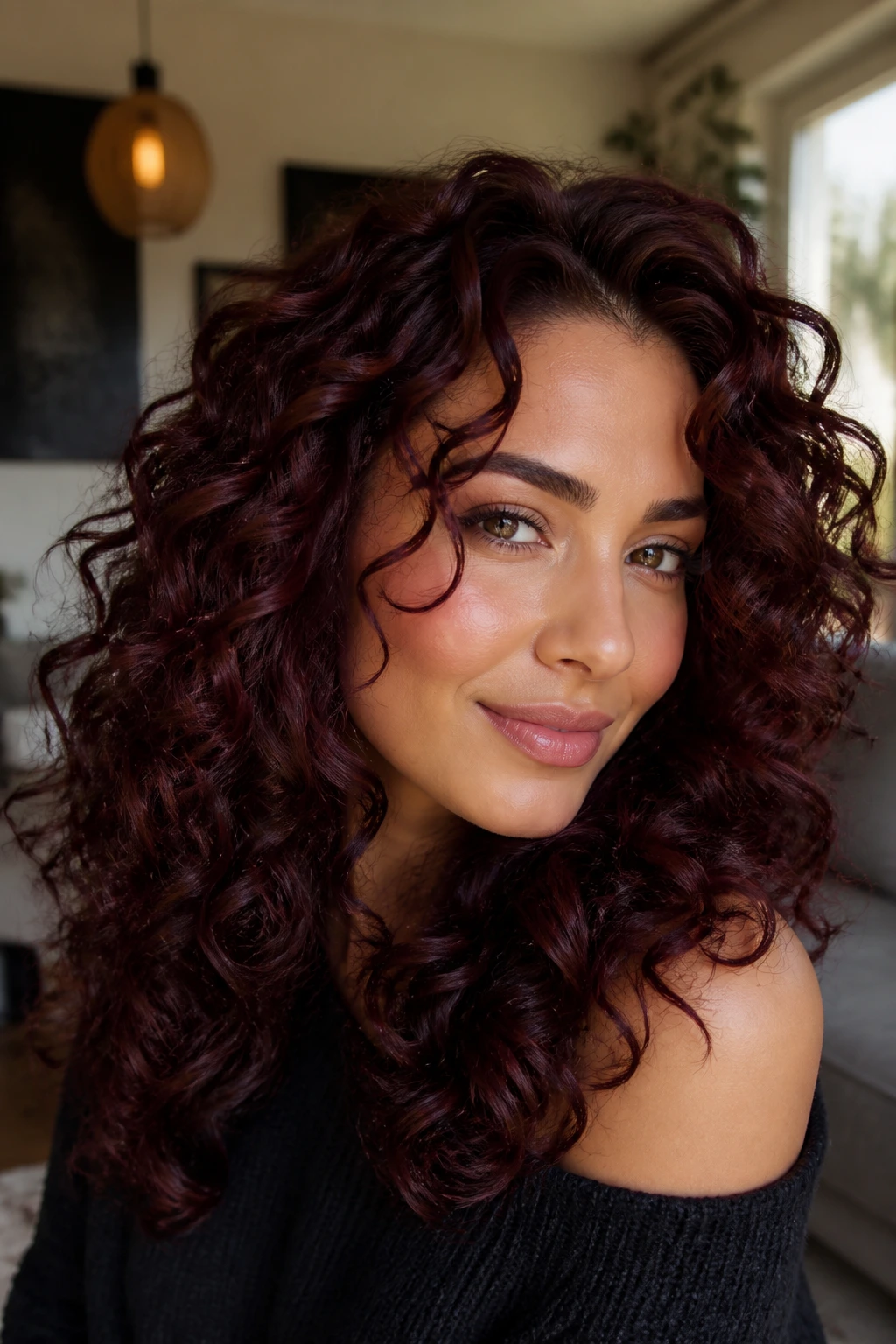 Close-up of a real woman with Bordeaux Brown curls in warm light