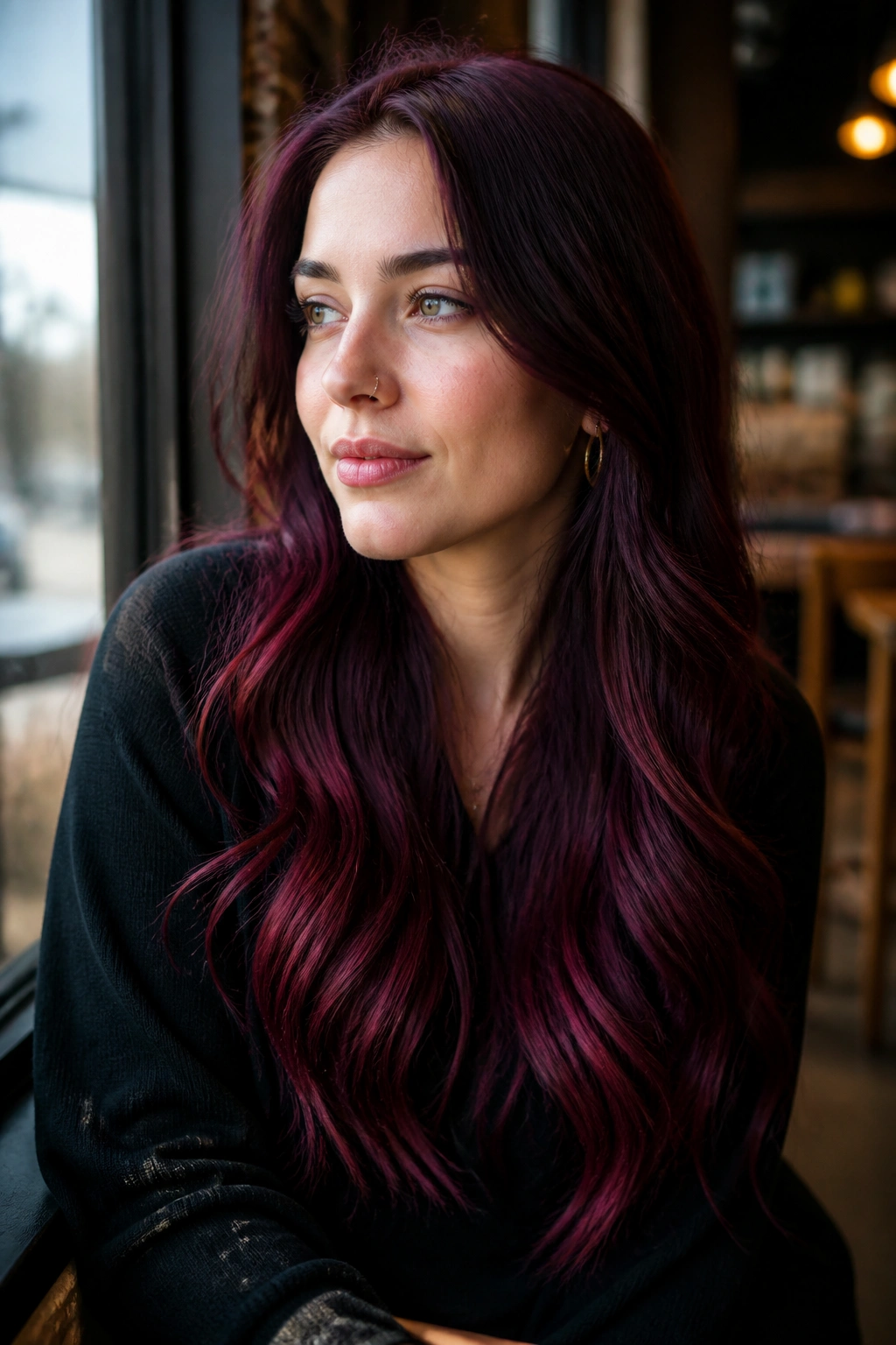 Close-up of a real woman with Bordeaux to Cabernet ombre on long hair