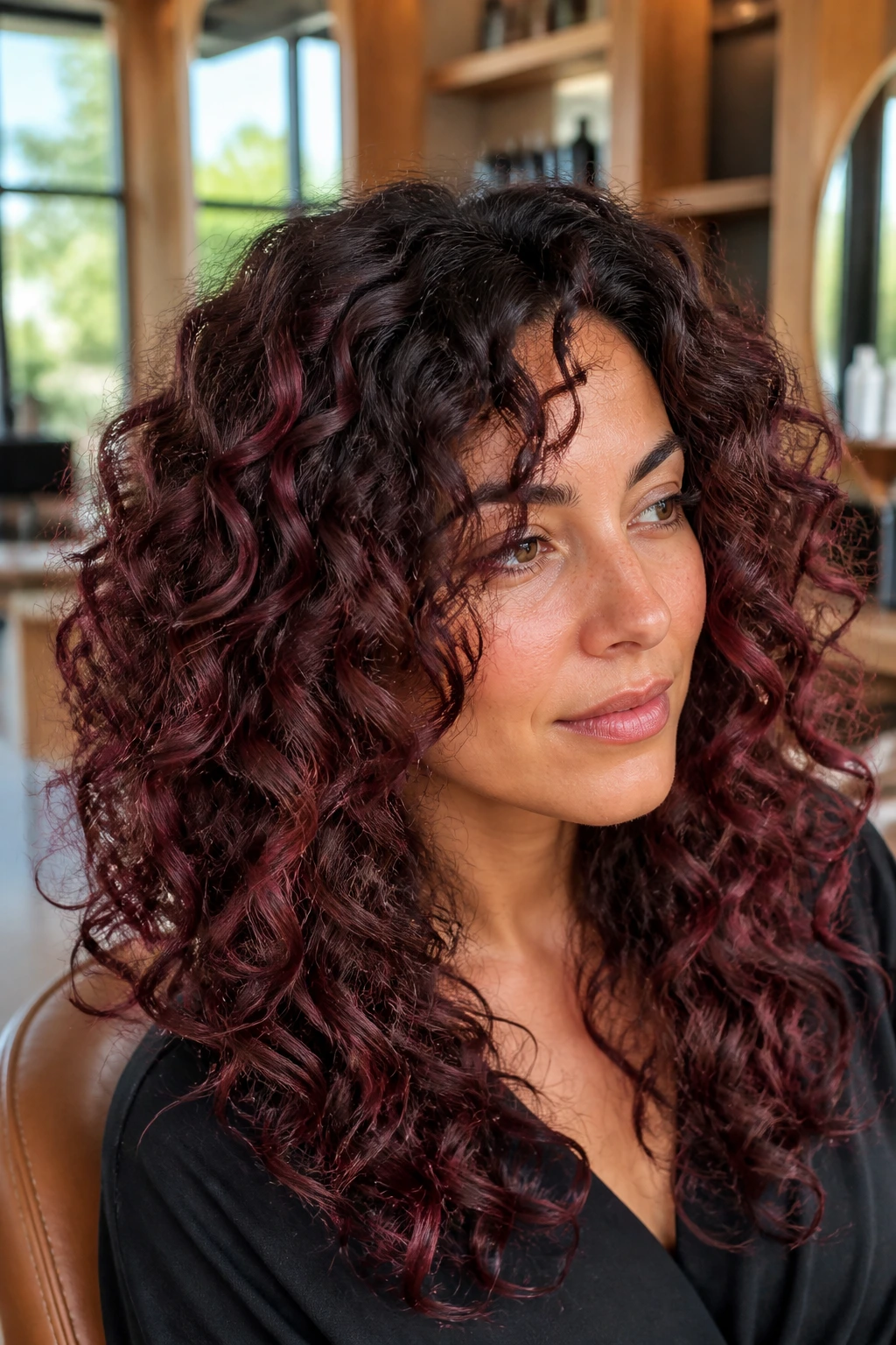 Close-up of a real woman with curly brown hair featuring soft Bordeaux balayage highlighting outer curls