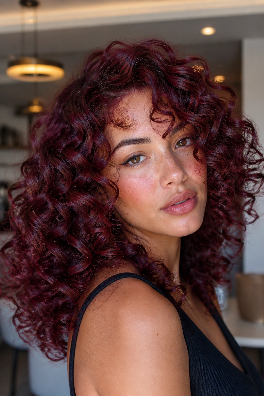 Close-up of a real woman with Bordeaux curls and satin finish, light catching the curls.