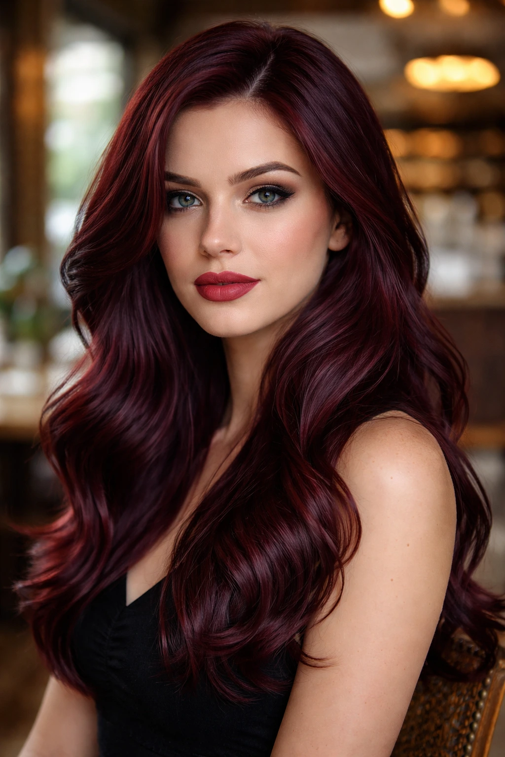 Close-up portrait of a real woman with Bordeaux hair color in a cafe setting