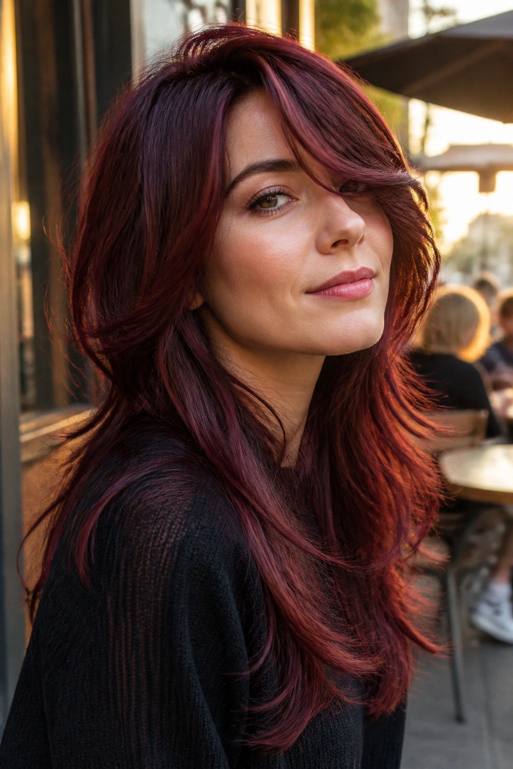 Close-up portrait of a real woman with Bordeaux long shag and side sweep in golden hour light