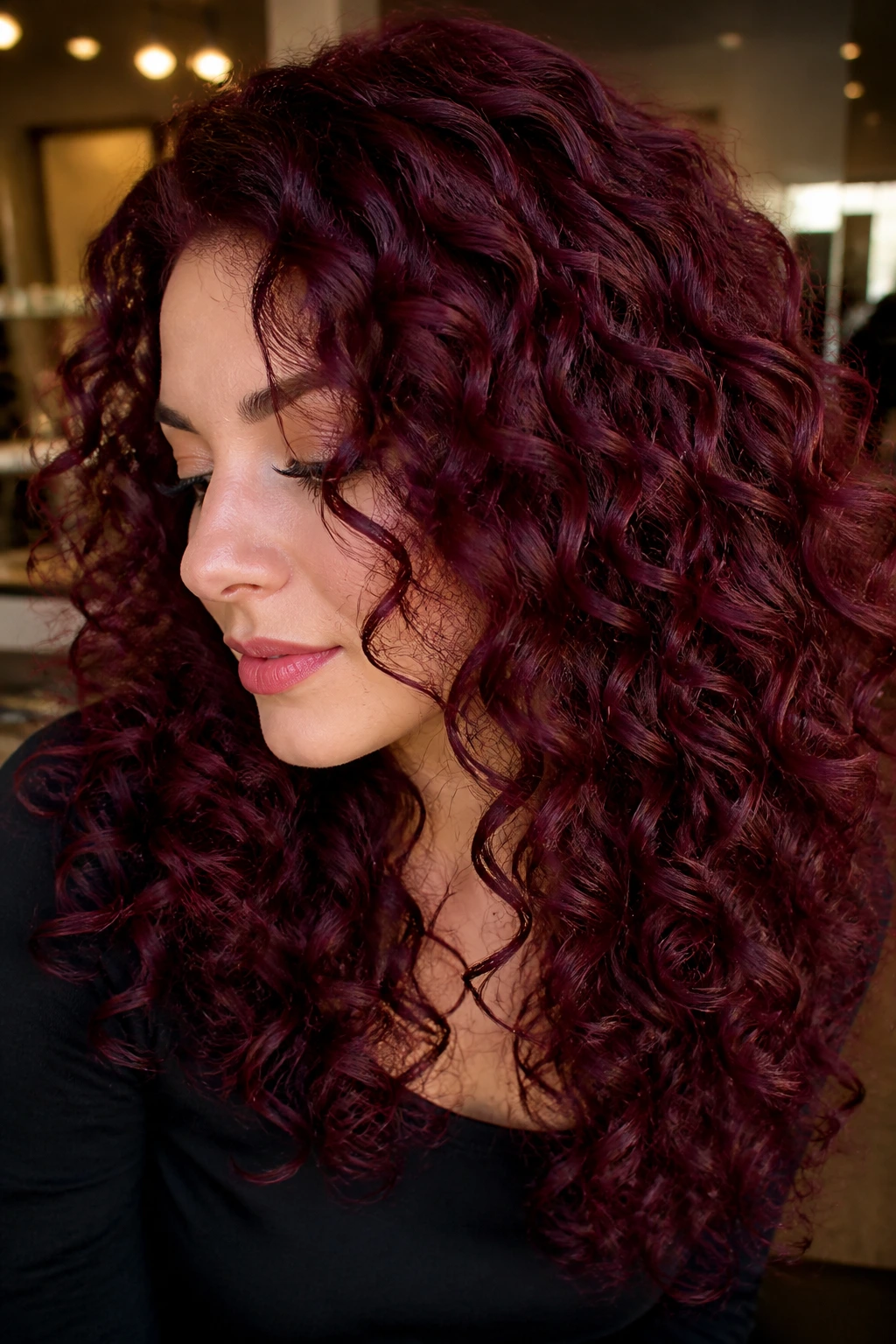 Close-up portrait of a real person with Bordeaux burgundy curls
