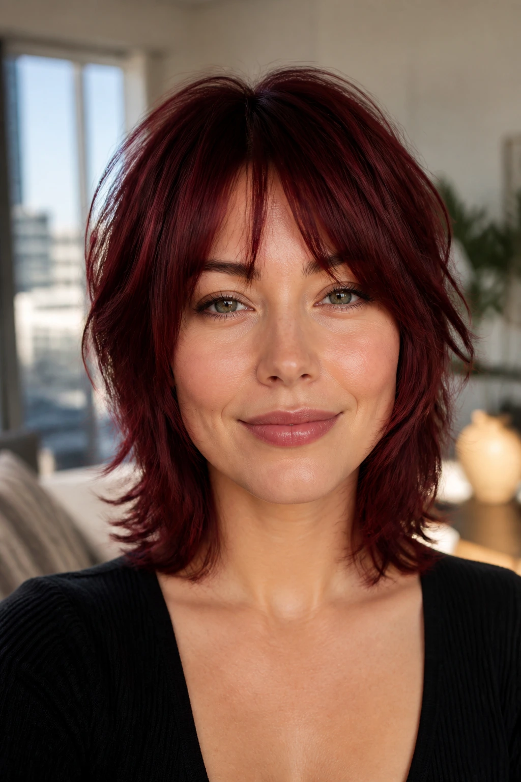 Close-up of a person with Bordeaux shag and cheek-skimming layers.
