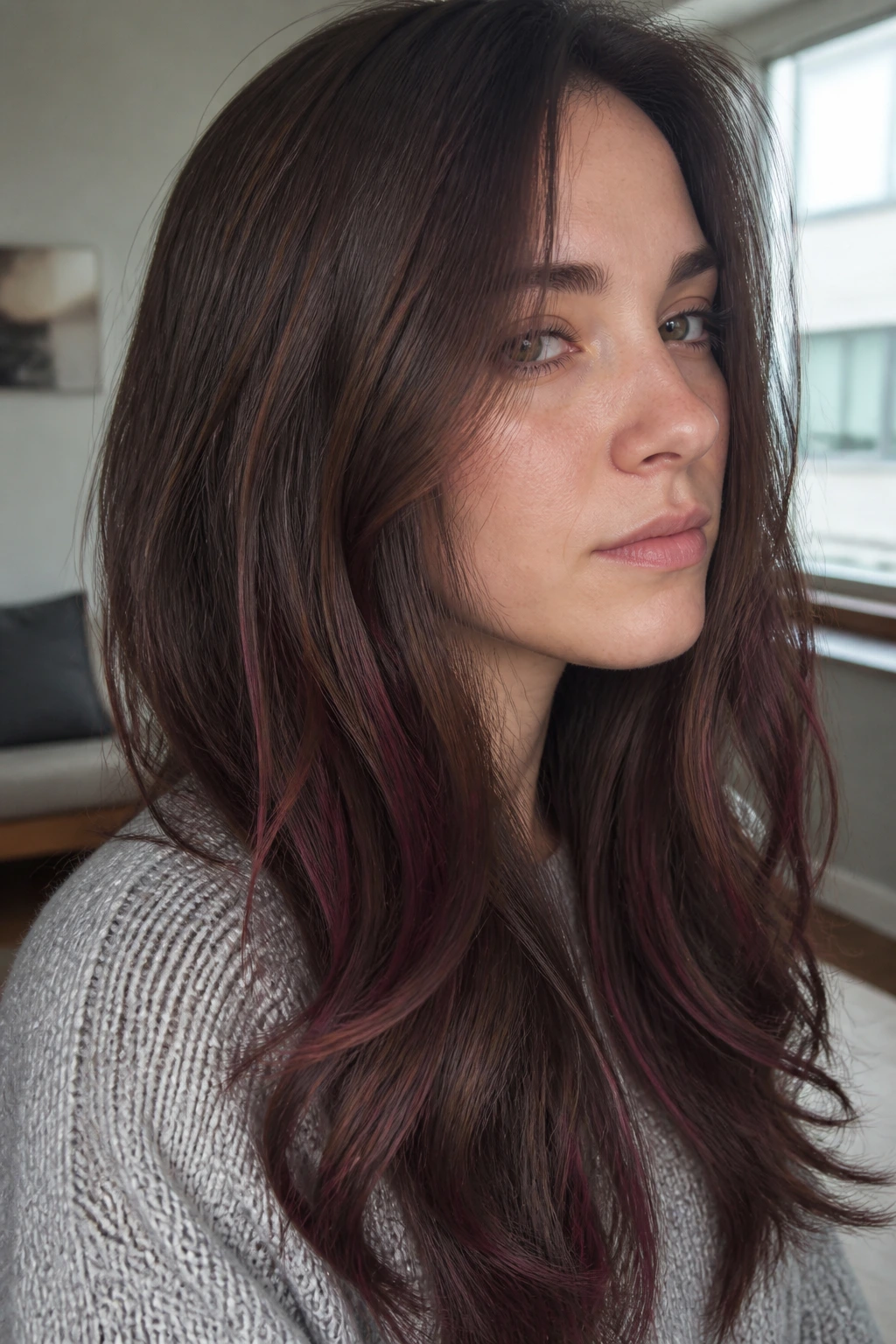 Close-up portrait of a real person with ash-brown hair and subtle Bordeaux streaks through mid-lengths and ends.