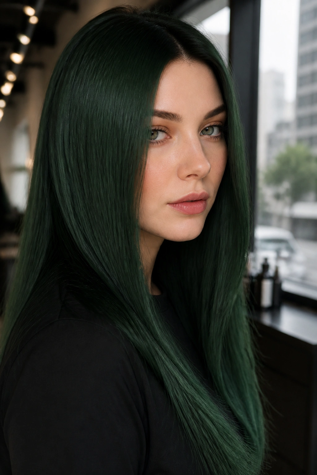 Close-up of a real person with bottle green hair full coverage
