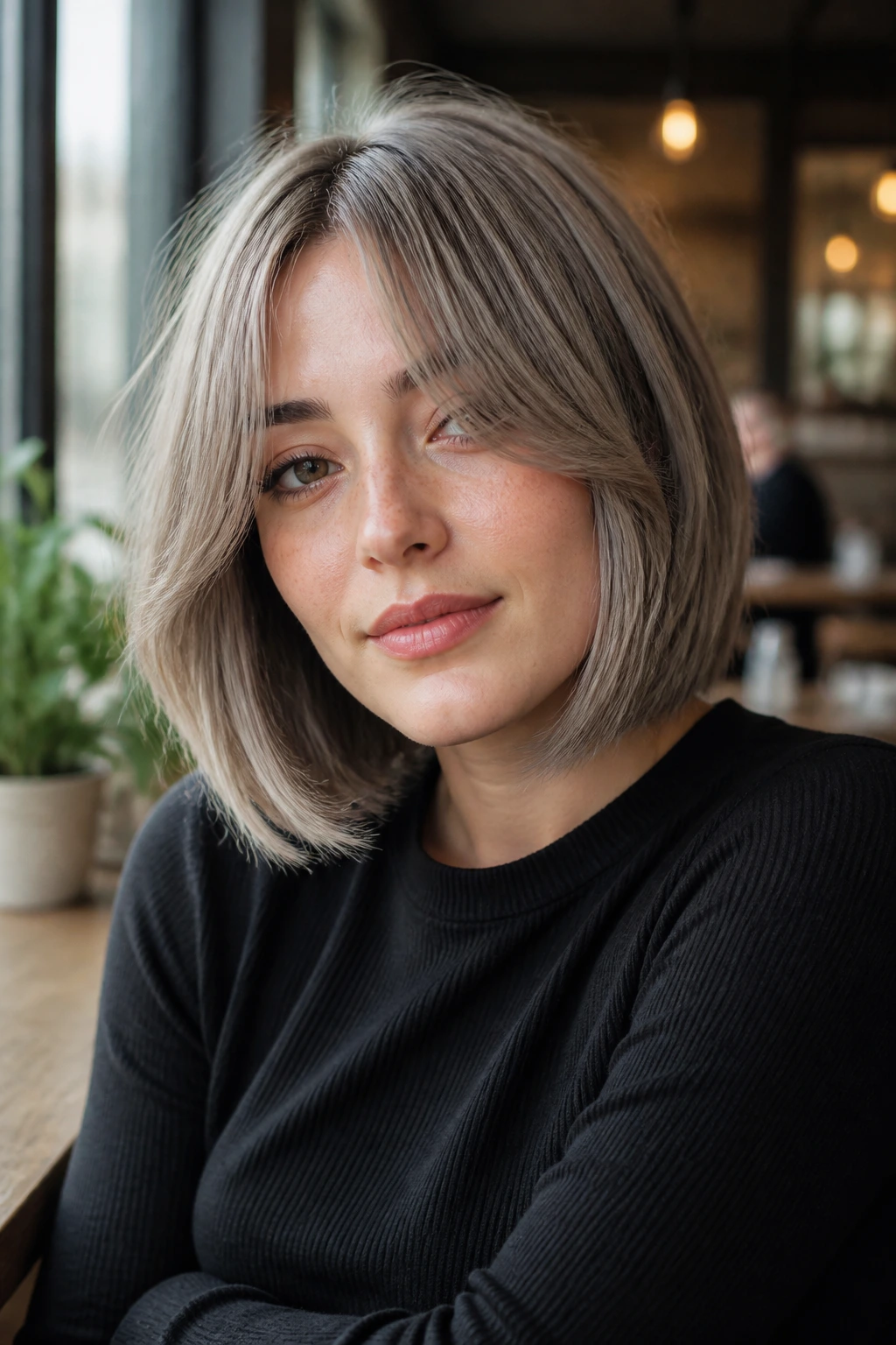Portrait of a woman with bottleneck bangs and ash bob by a cafe window