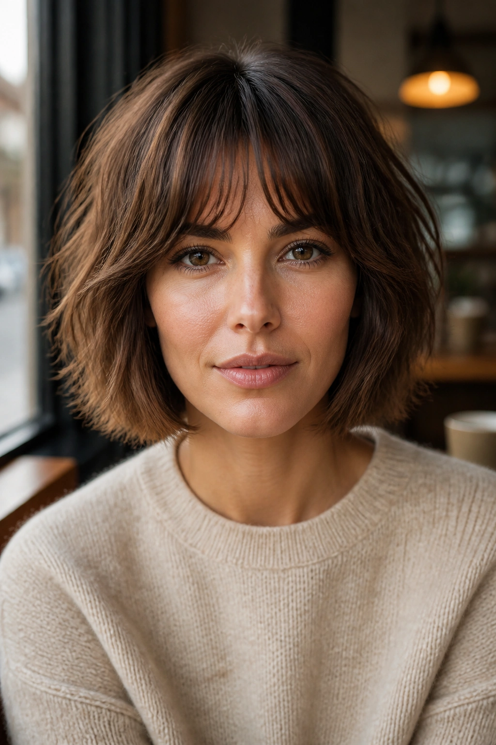 Close-up of Bottleneck Bang Bob with narrow center fringe