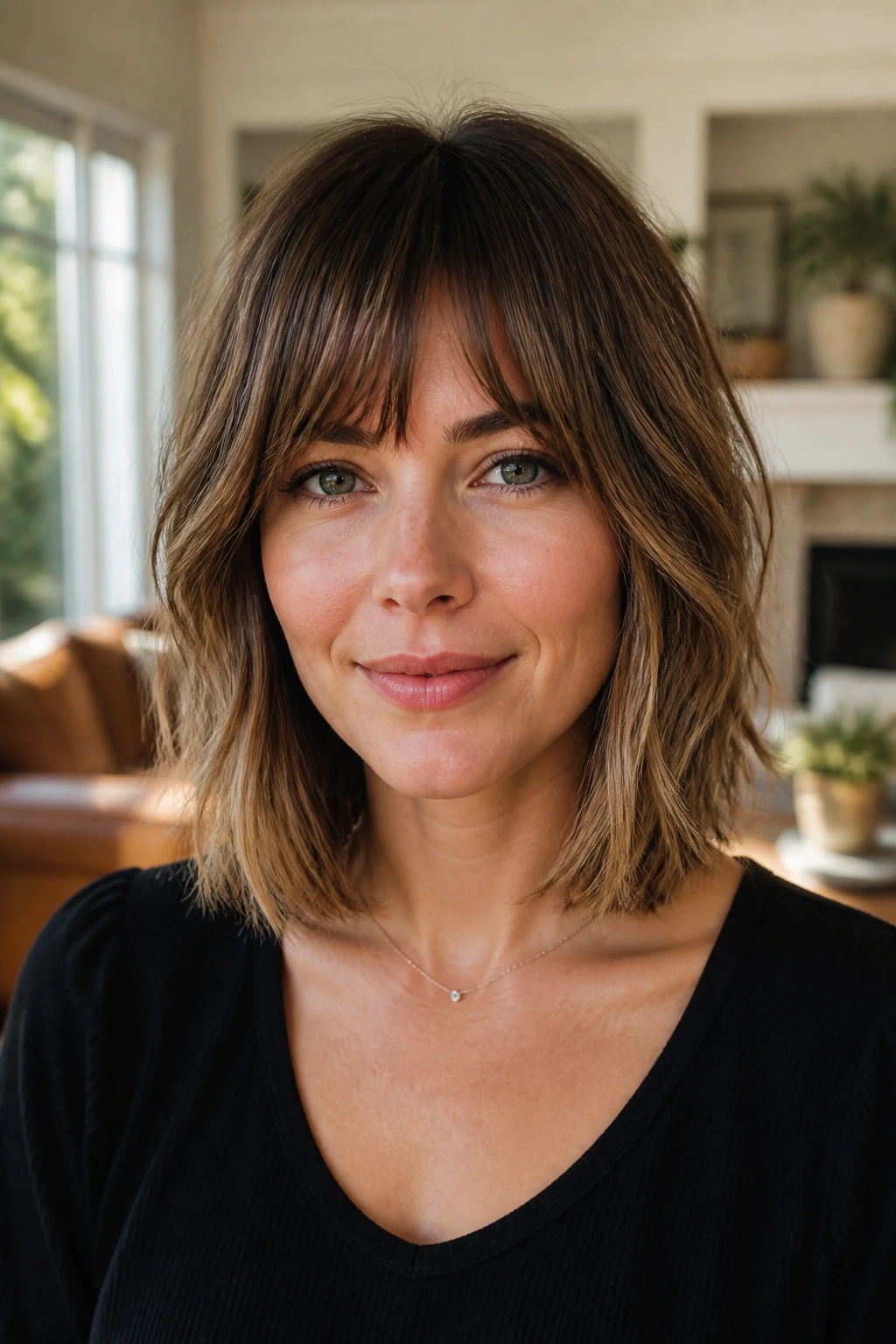 Front portrait of a real woman with bottleneck bangs and lob