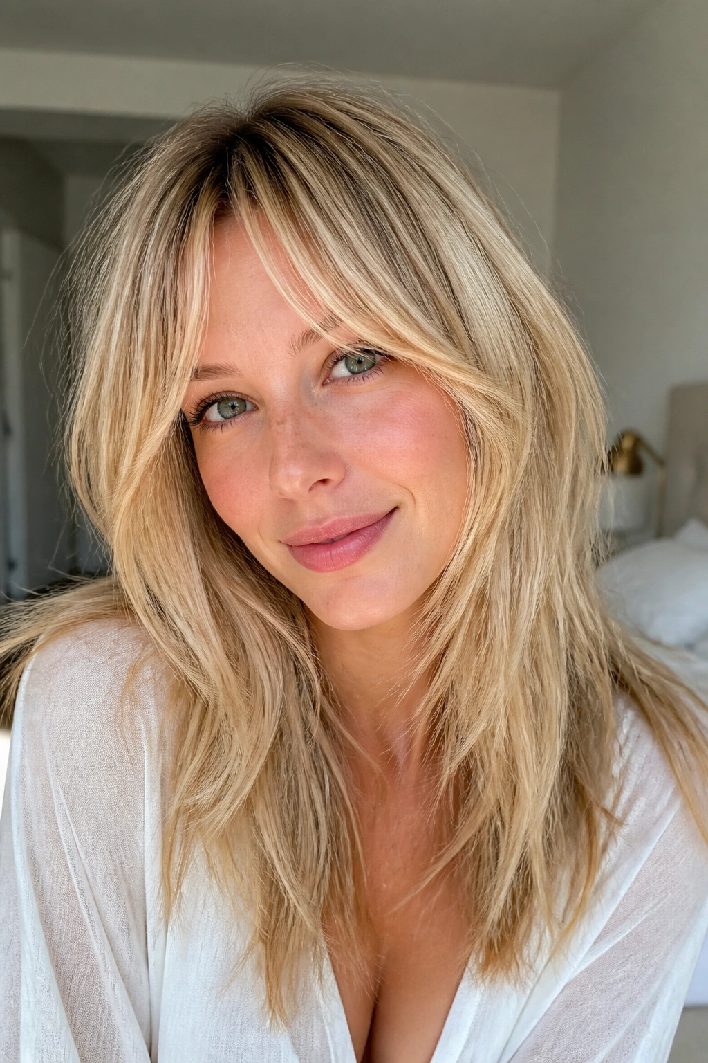 Close-up portrait of a real person with bottleneck bangs