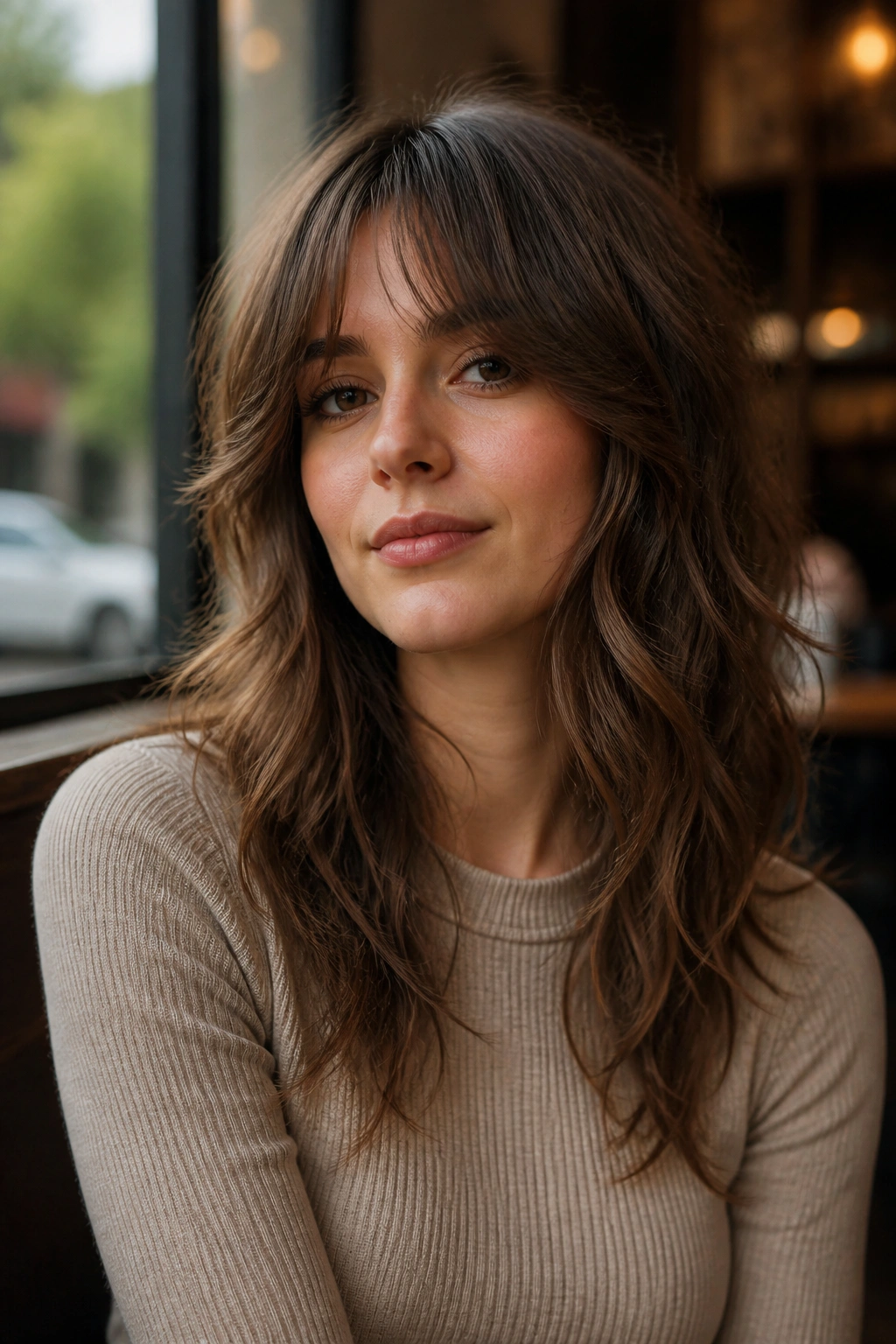 Close-up of a real person with bottleneck bangs in a softly lit setting.