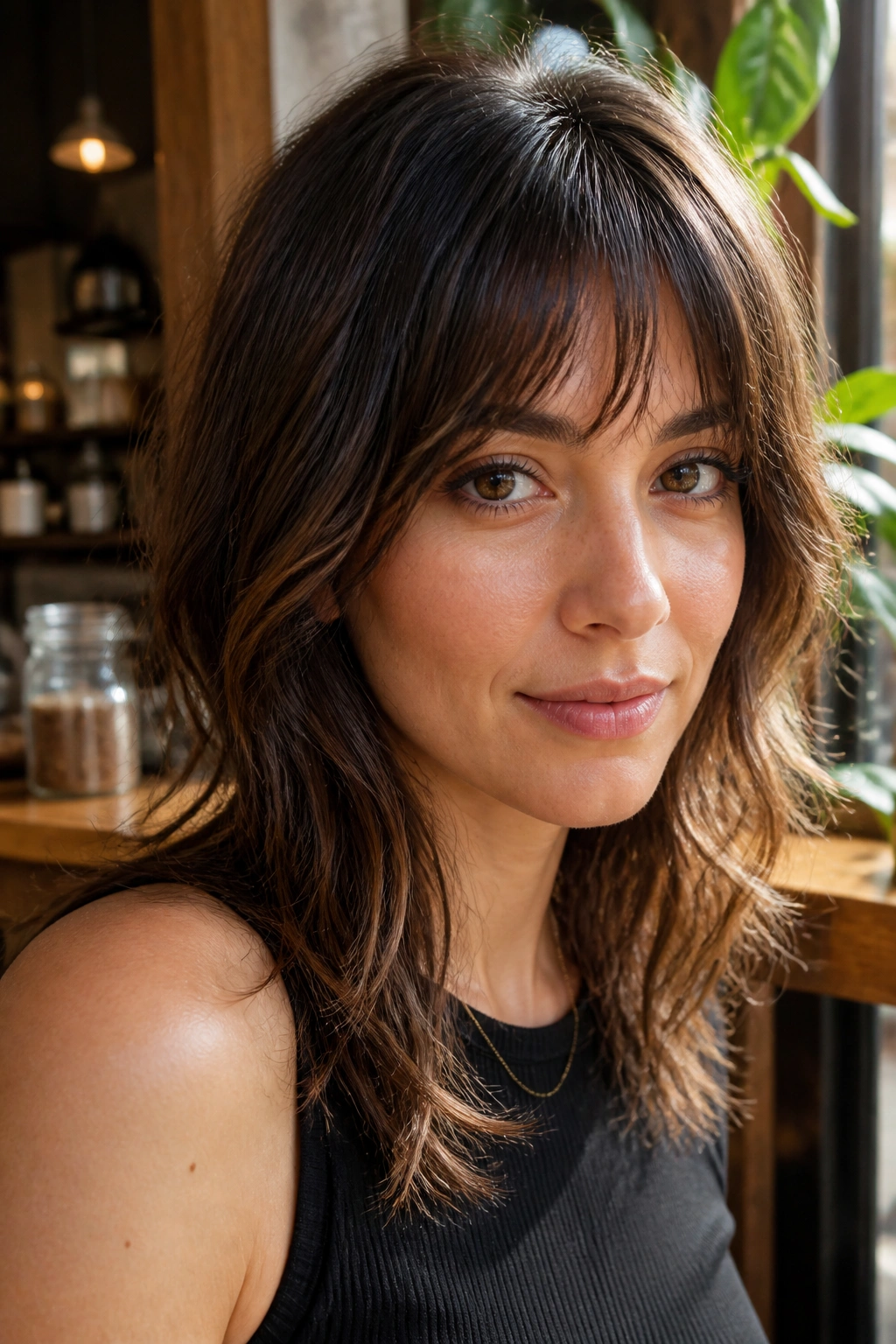 Close-up portrait of a woman with bottleneck bangs in a sunlit cafe