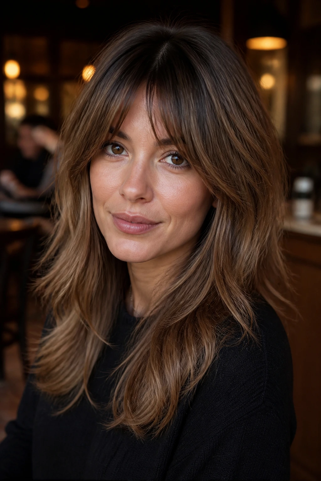Close-up portrait of a real woman with bottleneck bangs in a cafe setting