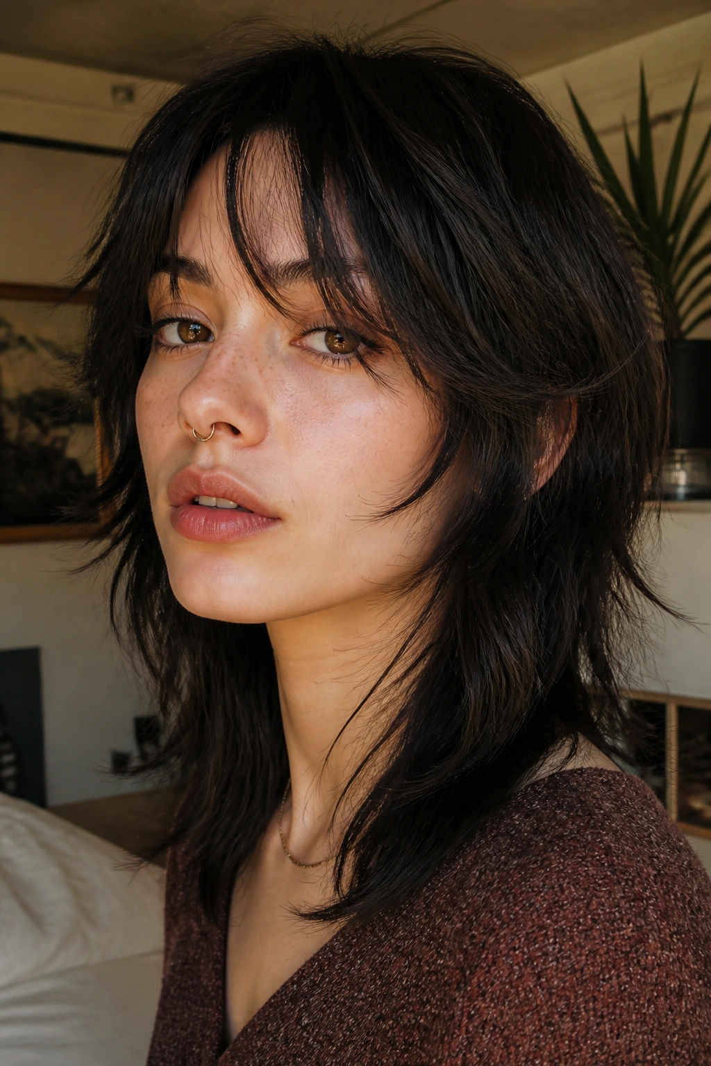 Close-up of a real person with bottleneck bangs blended into a wolf cut
