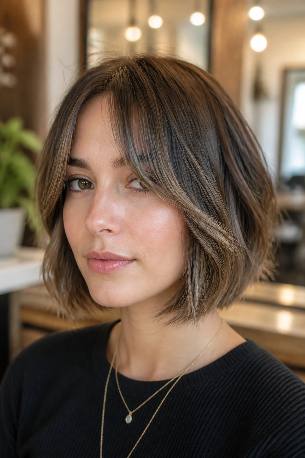 Real person with bottleneck bangs and chin-length layers featuring ash balayage
