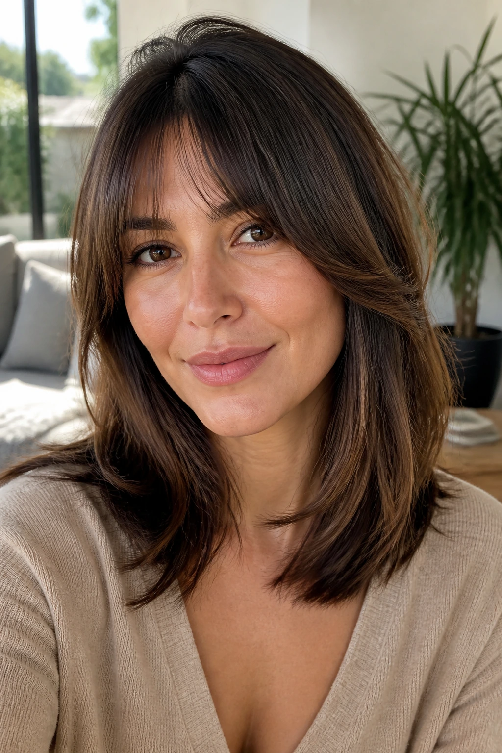 Close-up of a woman with bottleneck bangs and blended lengths in a bright living room.