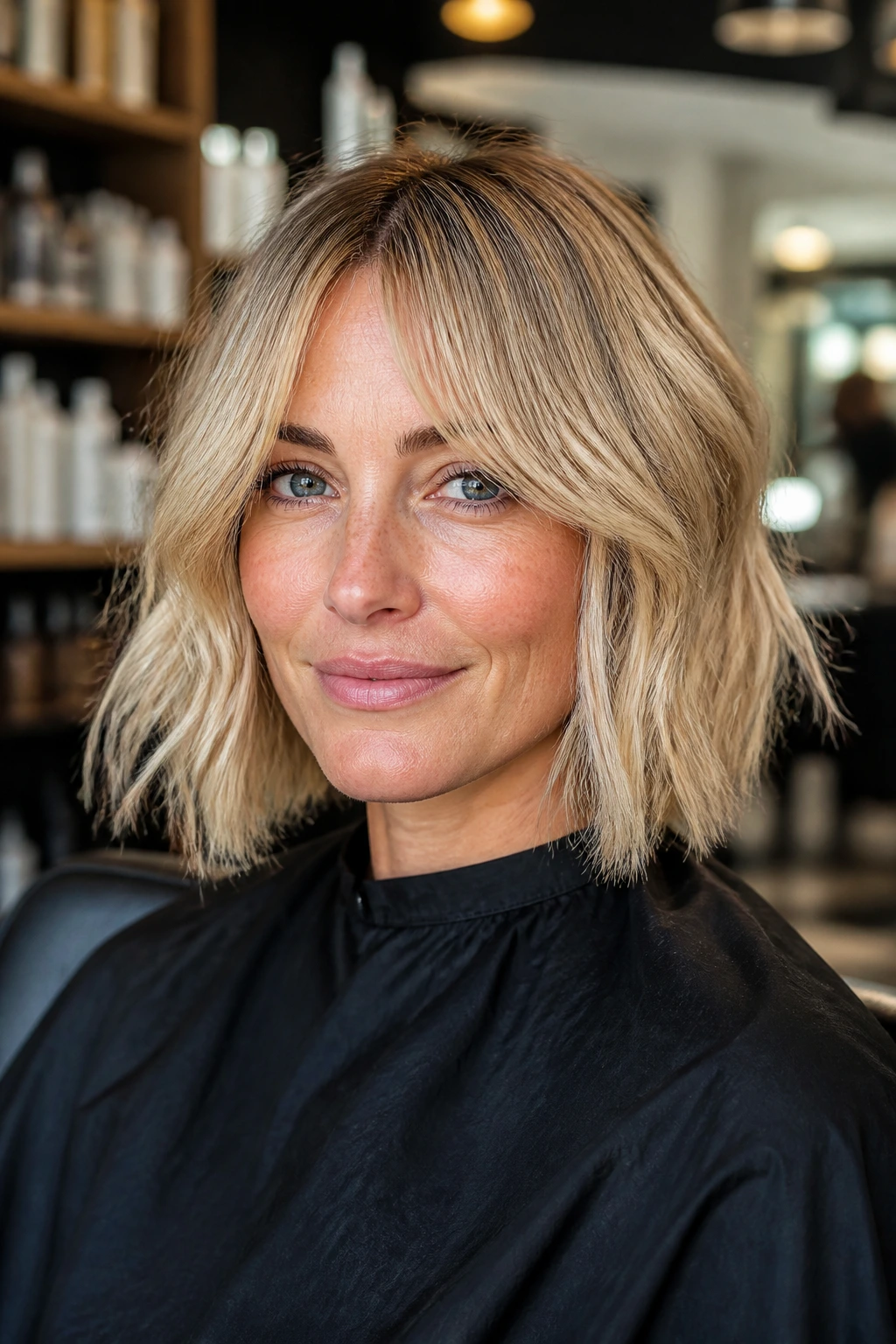 Close-up of a real woman with bottleneck bangs in a blonde bob at a salon.