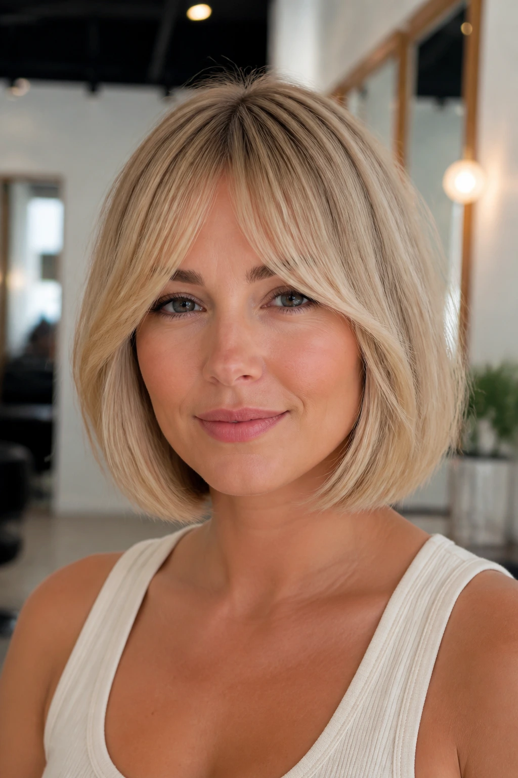 Portrait of a real woman with bottleneck bangs and blonde bob