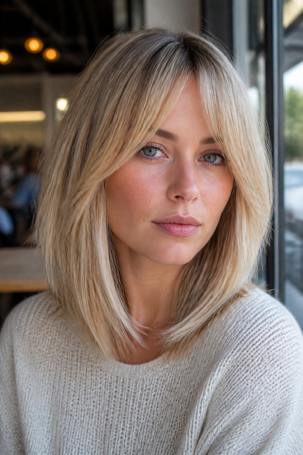 Real woman with bottleneck bangs and long blonde lob, portrait shot