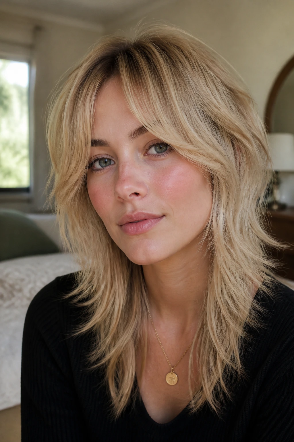 Close-up portrait of a real woman with bottleneck bangs in a blonde shag, soft fringe silhouette