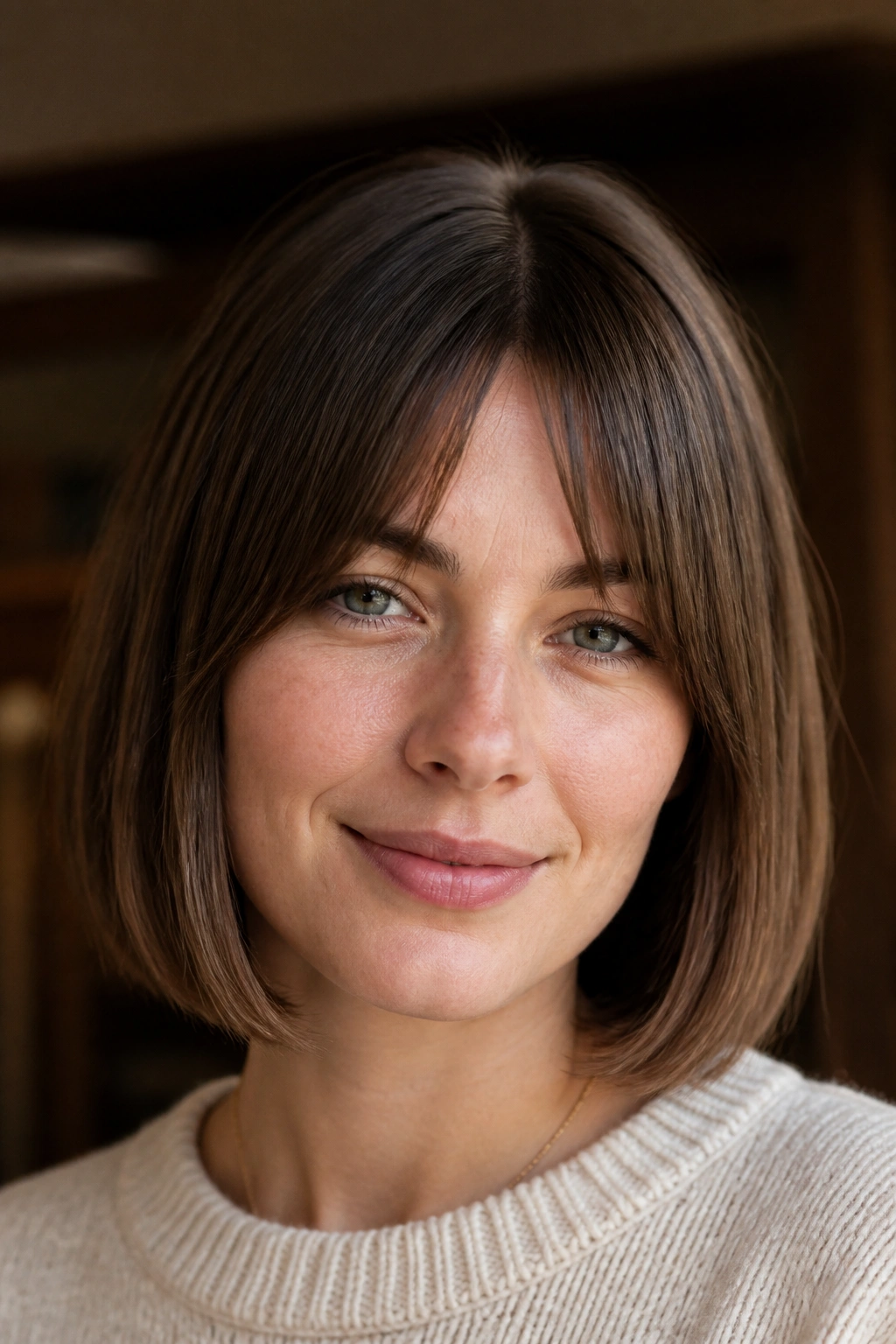 Close-up portrait of a real woman with bottleneck bangs in a bob
