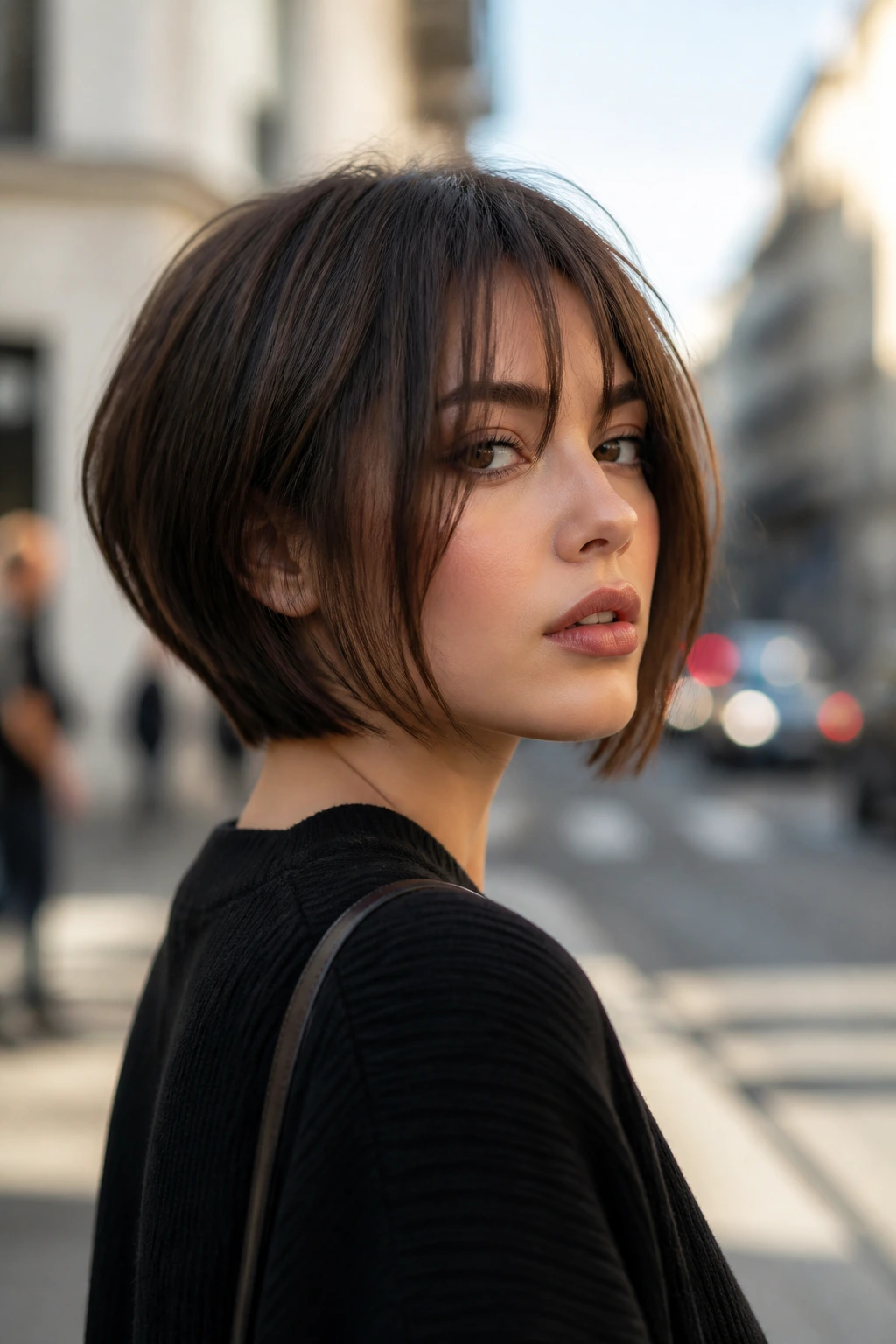 Close-up of a real woman with bottleneck bangs and a bob