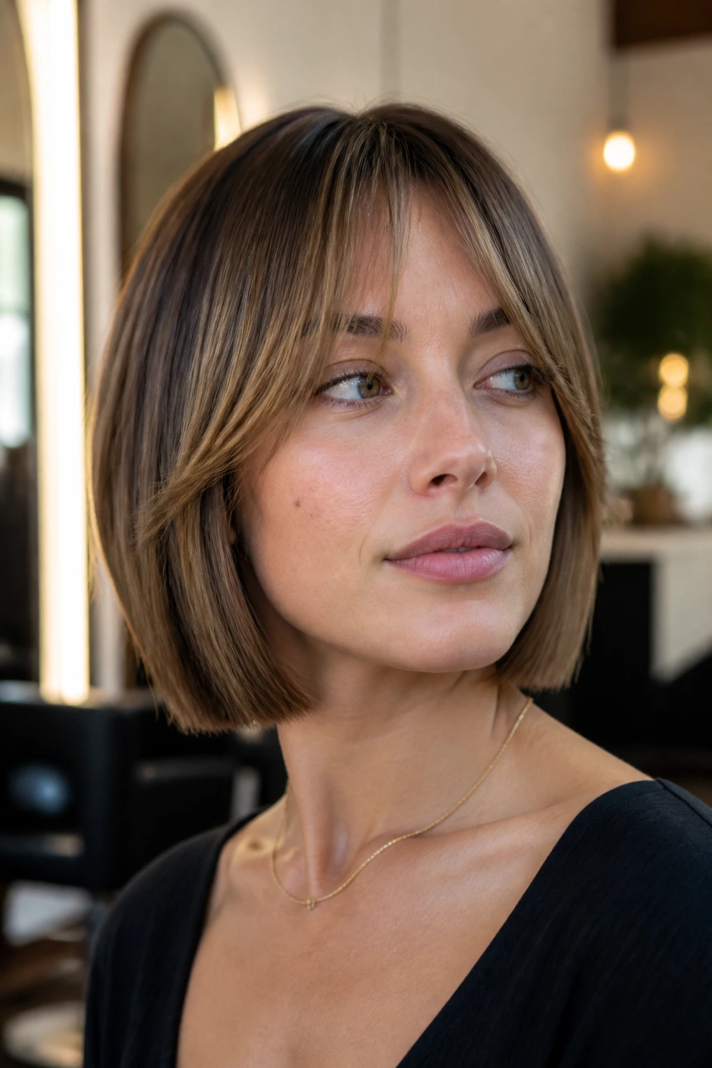 Close-up of a real woman with bottleneck bangs and blunt bob in natural window light