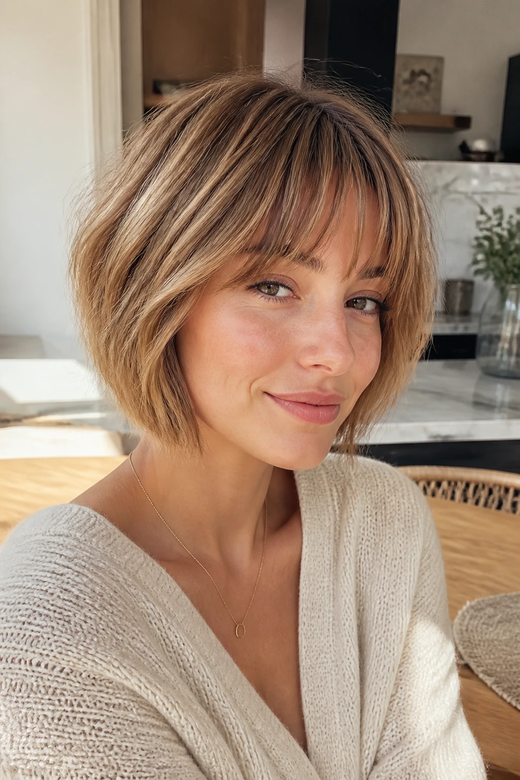 Portrait of a real woman with bottleneck bangs and a choppy bob in a bright kitchen.