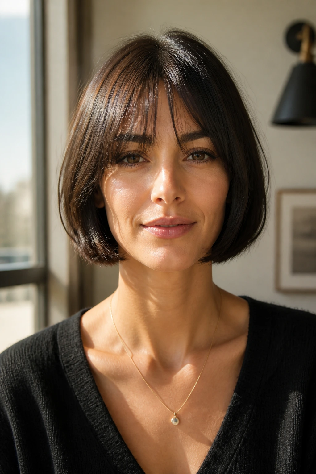 Front portrait of a real woman with bottleneck bangs and a clean French bob