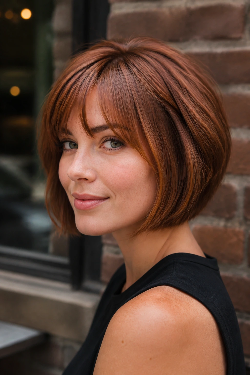 Portrait of a woman with bottleneck bangs and soft volume bob in auburn copper.