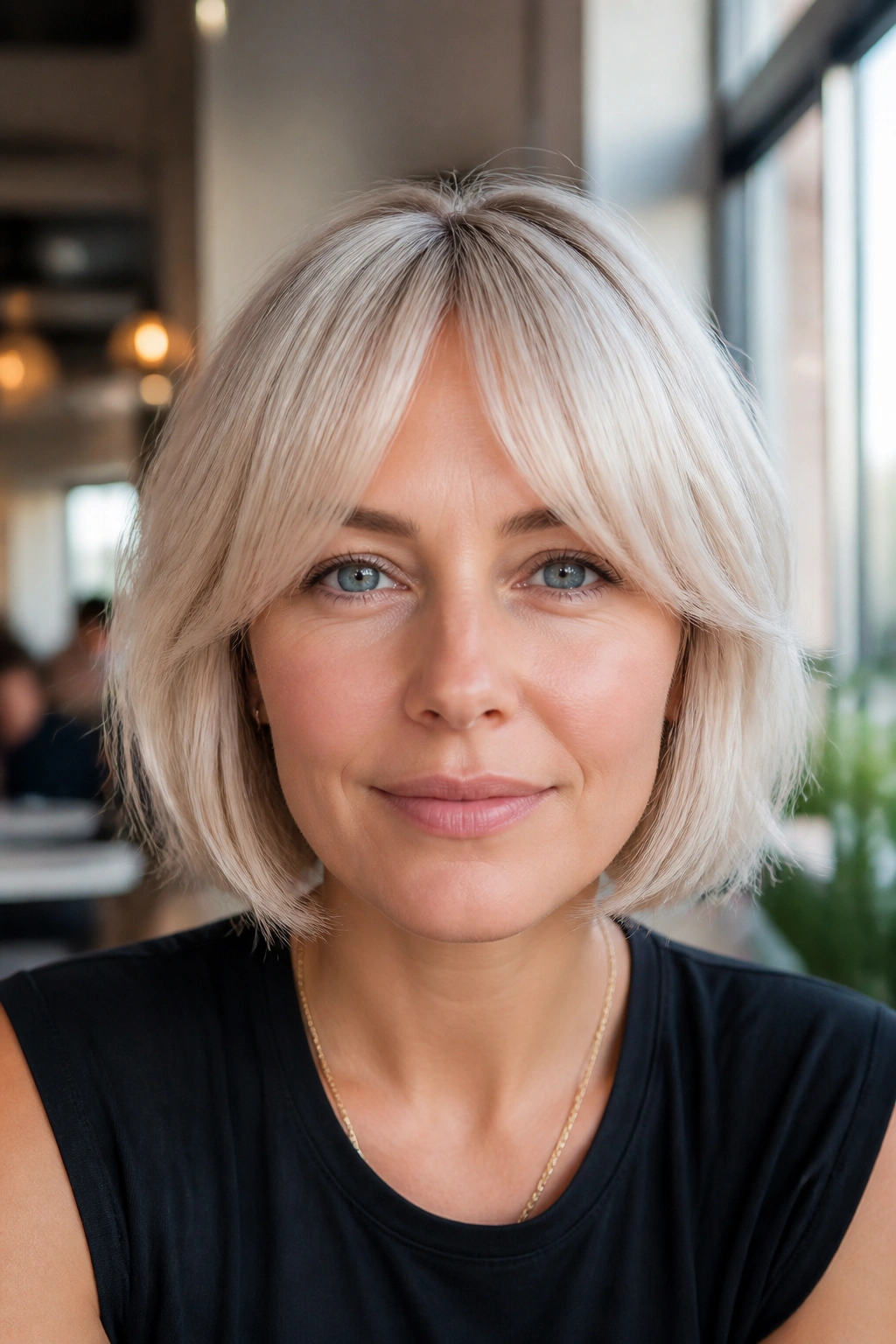 Portrait of a real person with bottleneck bangs and bob haircut in a cafe
