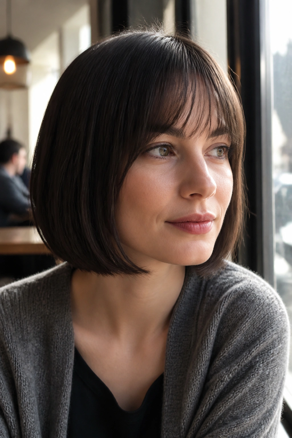 Portrait of a real person with bottleneck bangs, fringe narrows at center and widens toward temples
