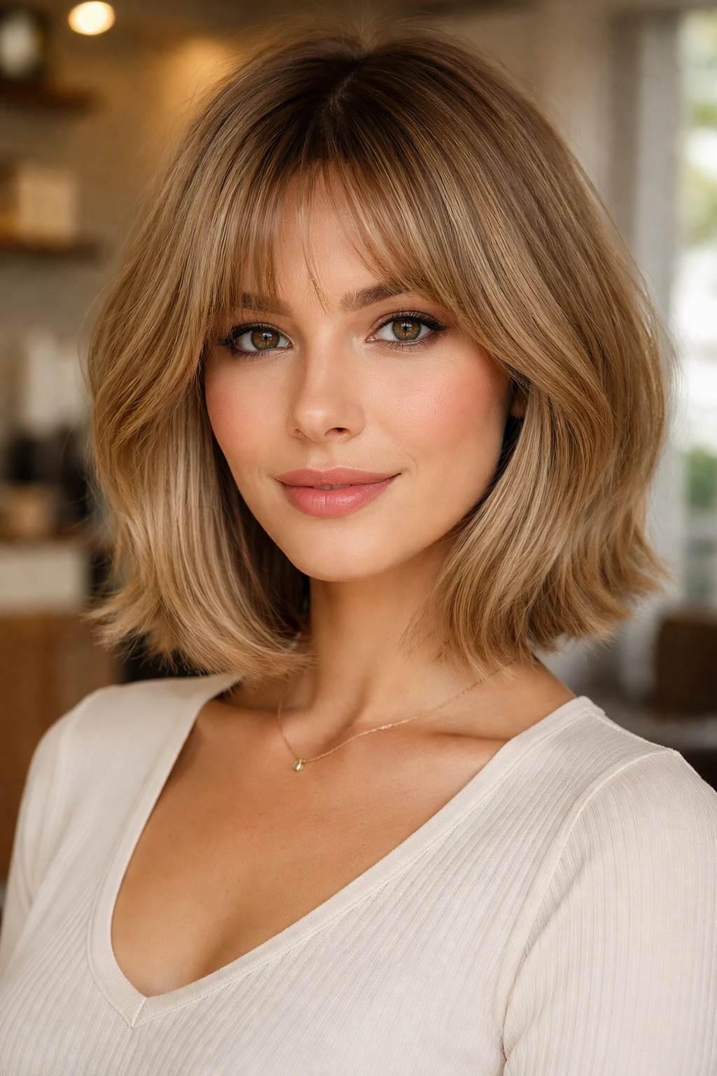 Close-up of a real woman with bottleneck bangs framing her face in a cozy salon.
