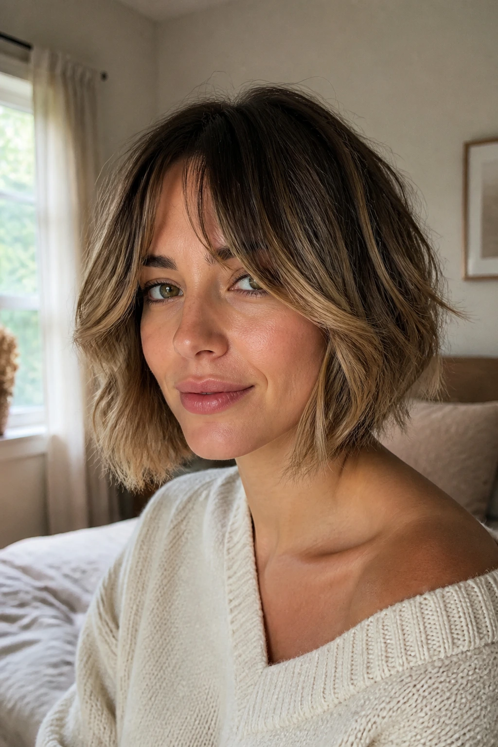 Close-up portrait of a real woman with bottleneck bangs framing the face in natural window light