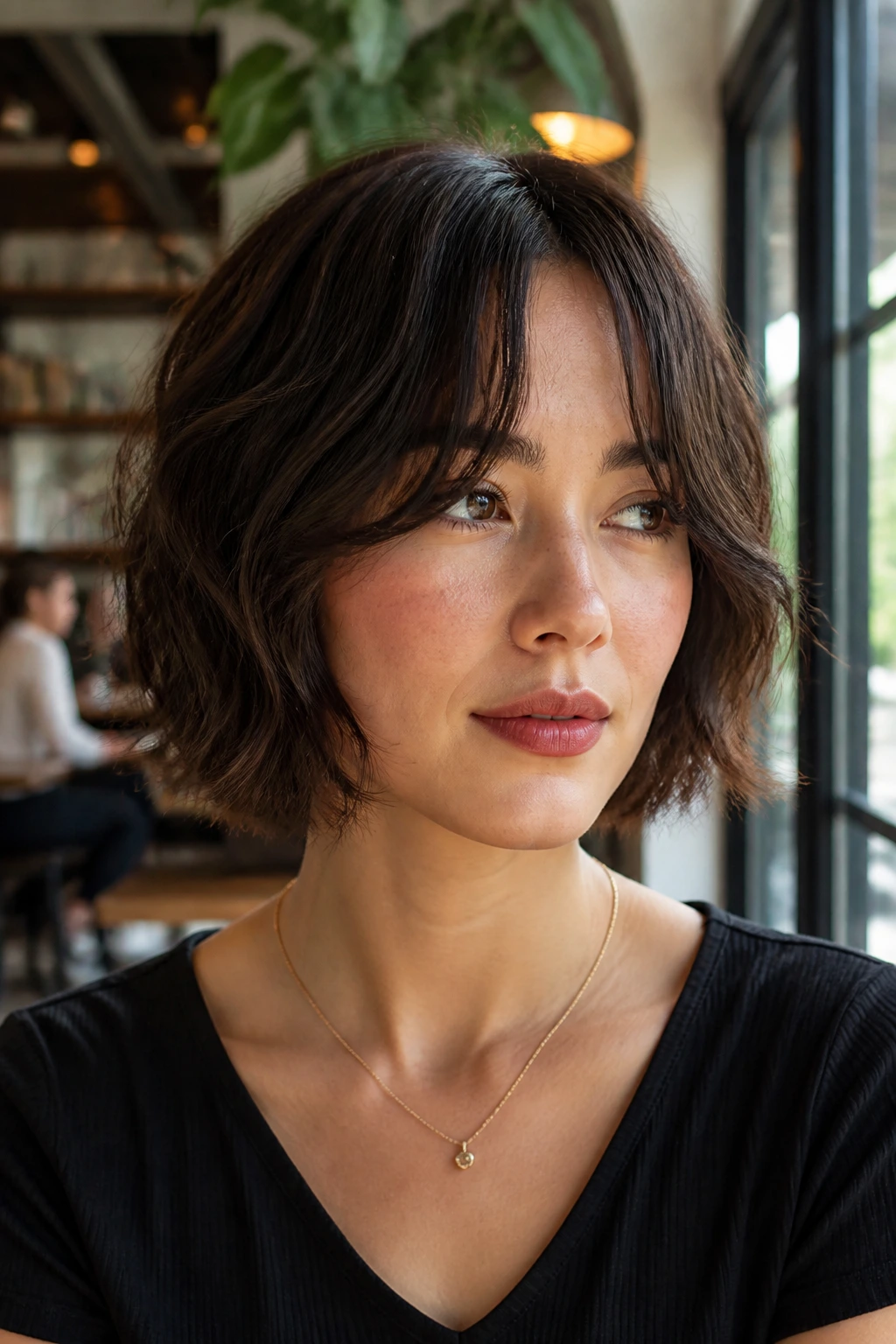 Real woman with bottleneck bangs and short waves in cafe lighting