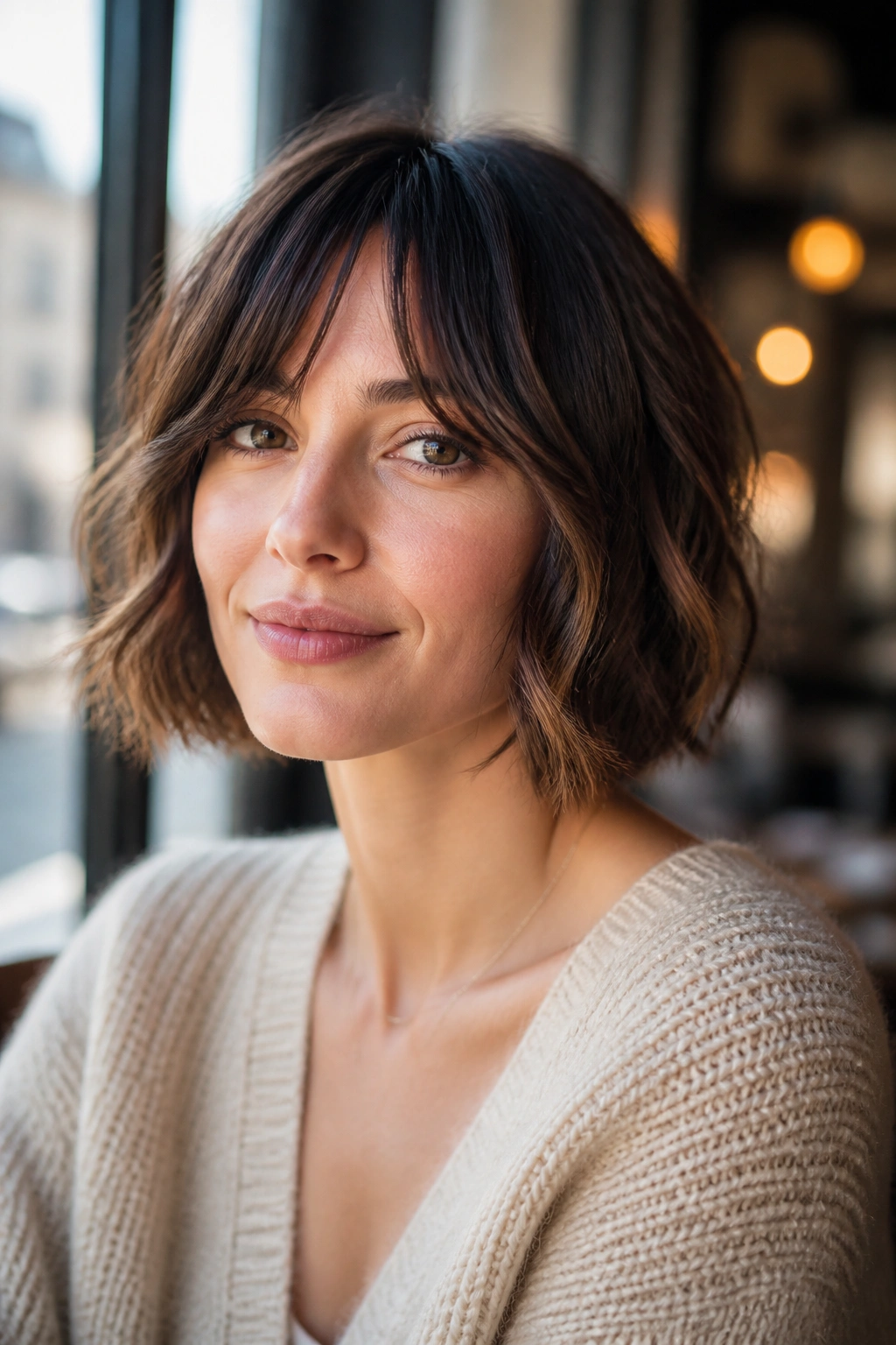 Portrait of a woman with bottleneck bangs and light waves in a cafe setting