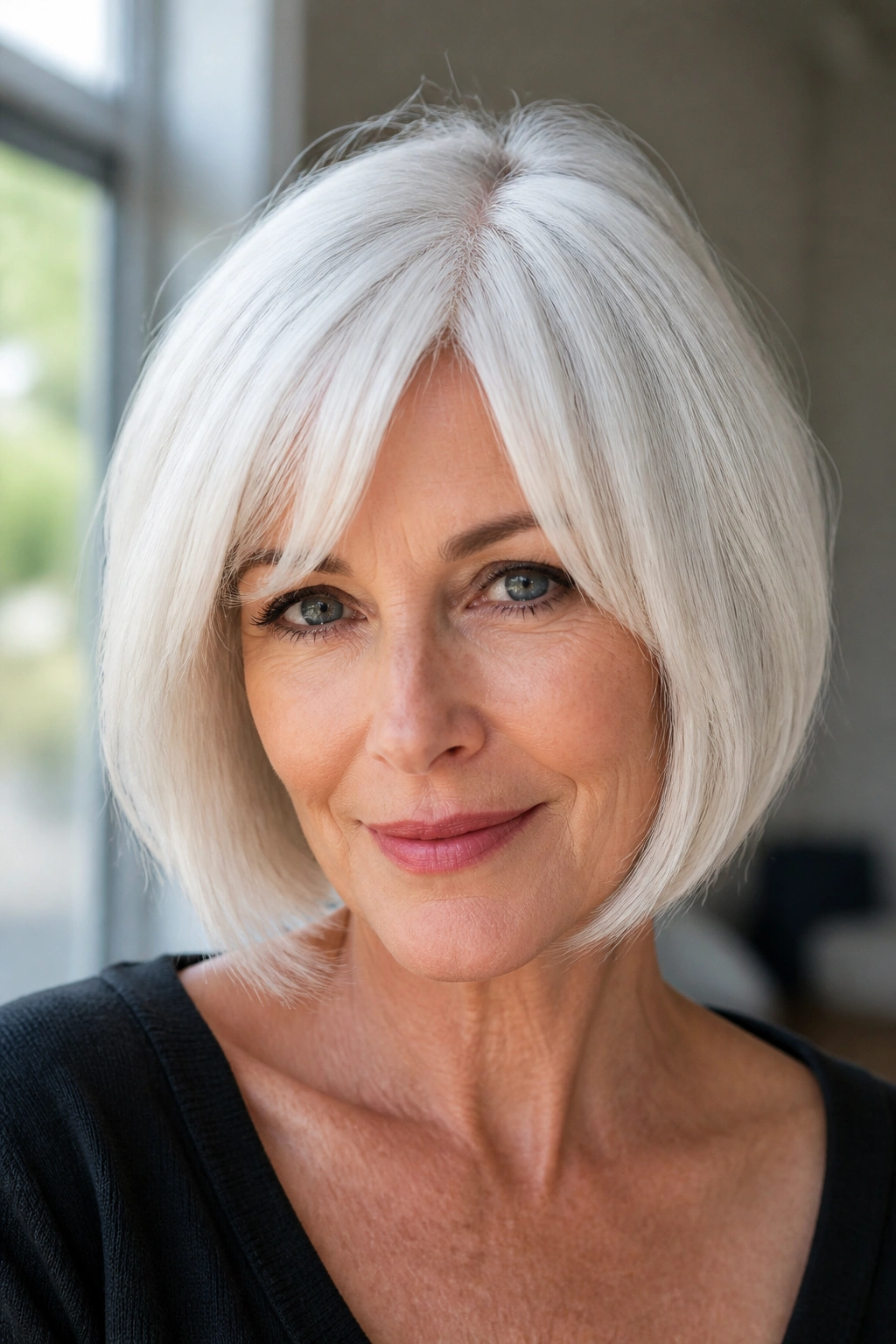 Close-up portrait of a real woman with bottleneck bangs in a white bob